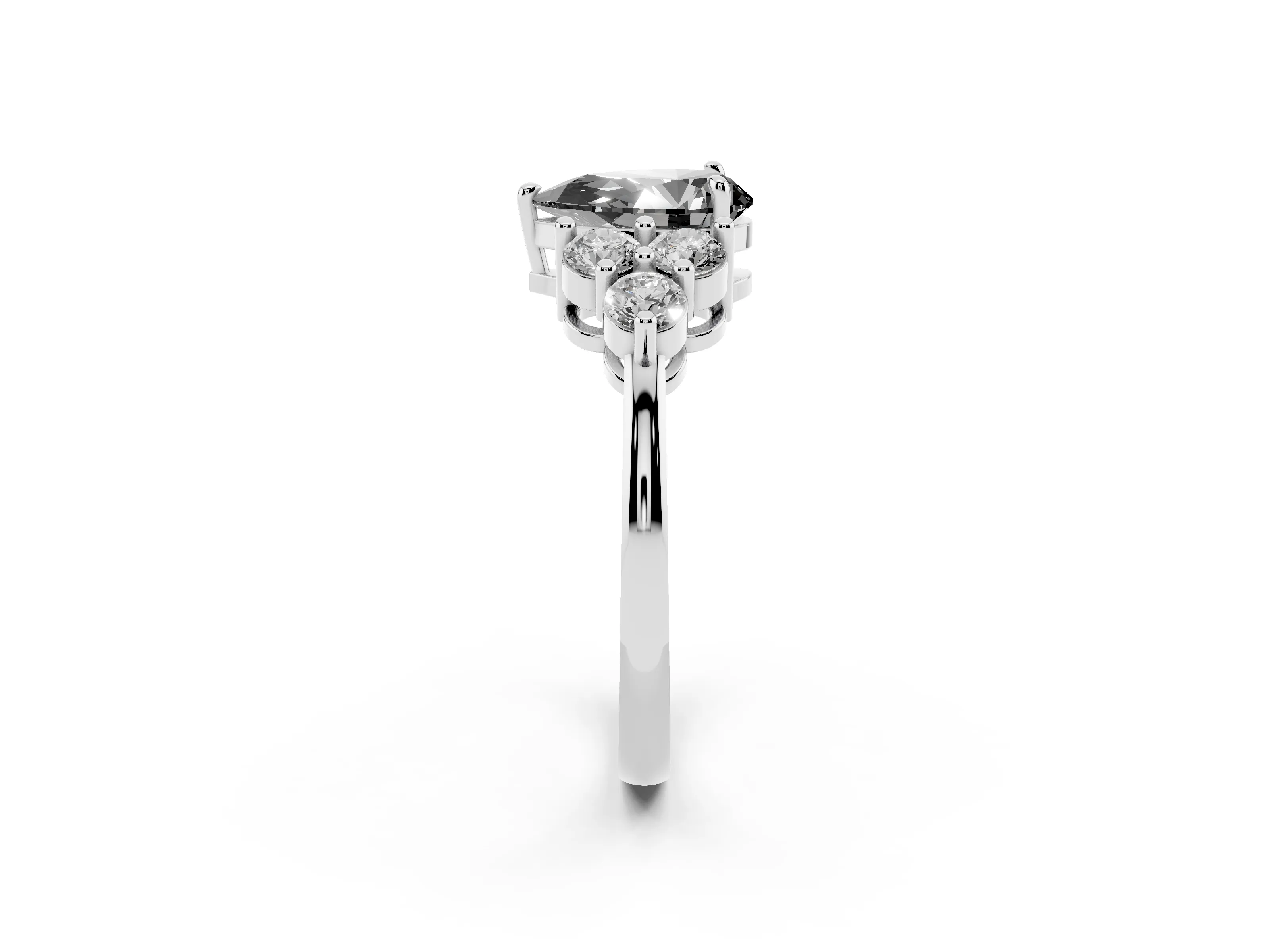 Fancy Black Pear Cut Diamond Solitaire Ring Set in Silver with Cluster Accents on Each Side