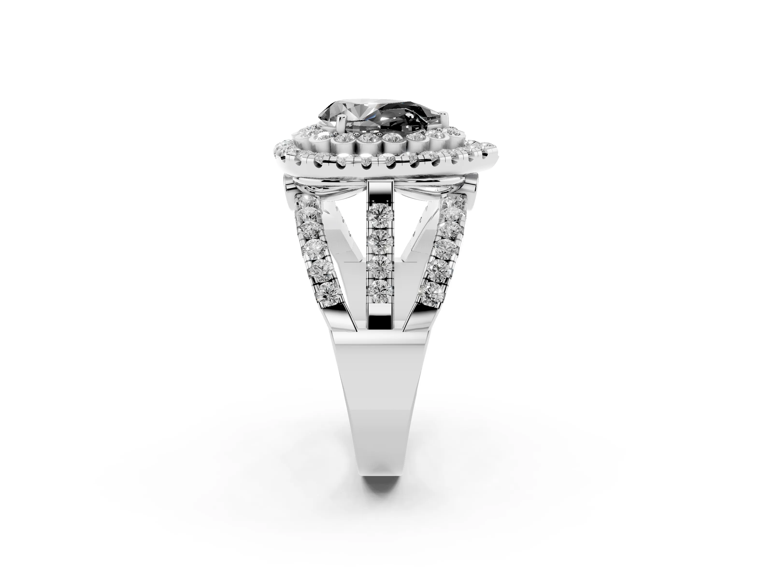 Fancy Black Pear Cut Diamond Double Halo Ring Set in Silver with Round Pavé Split Shank