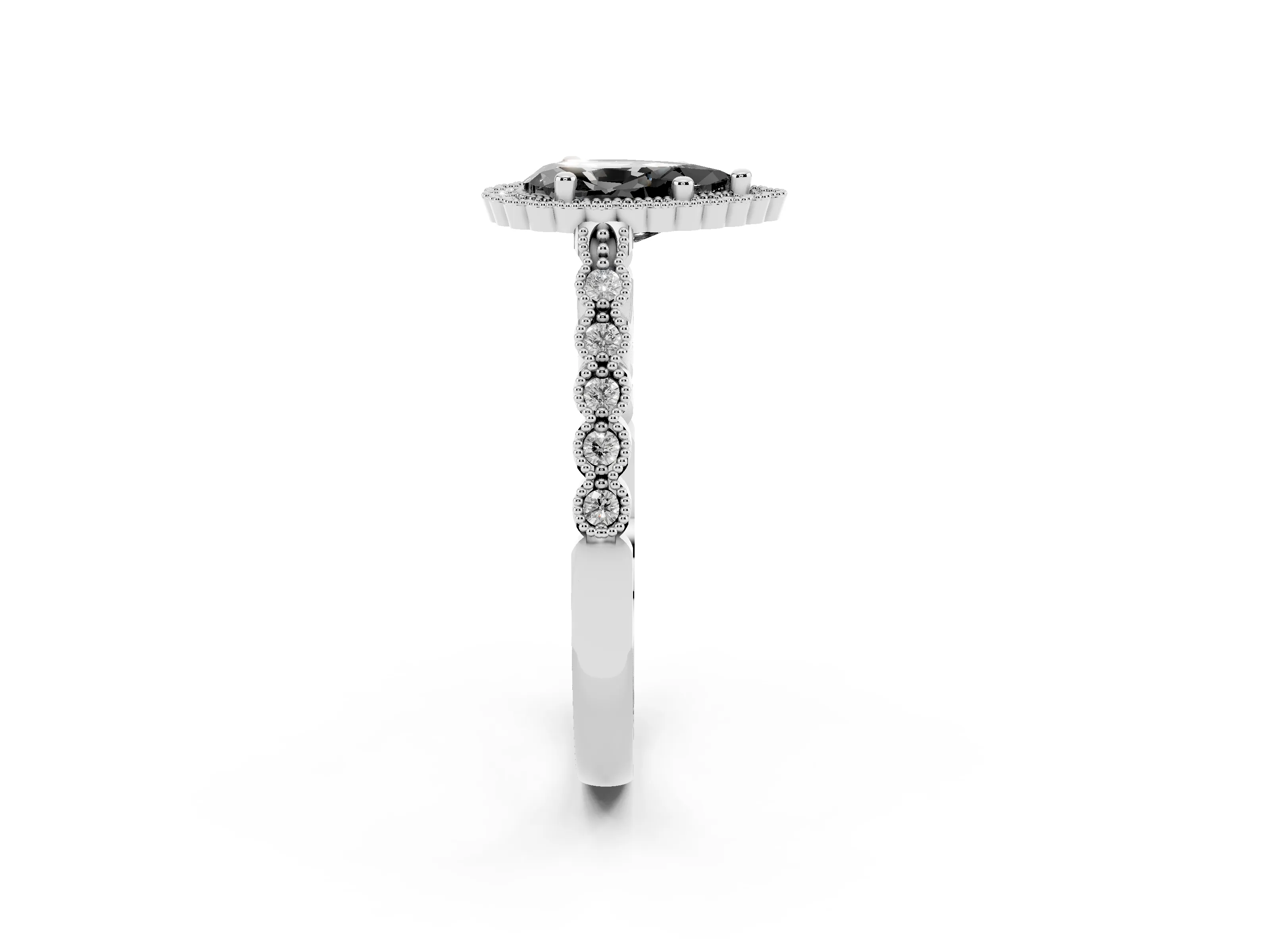 Fancy Black Pear Cut Diamond Halo Ring Set in Platinum with Pavé Milgrain Band