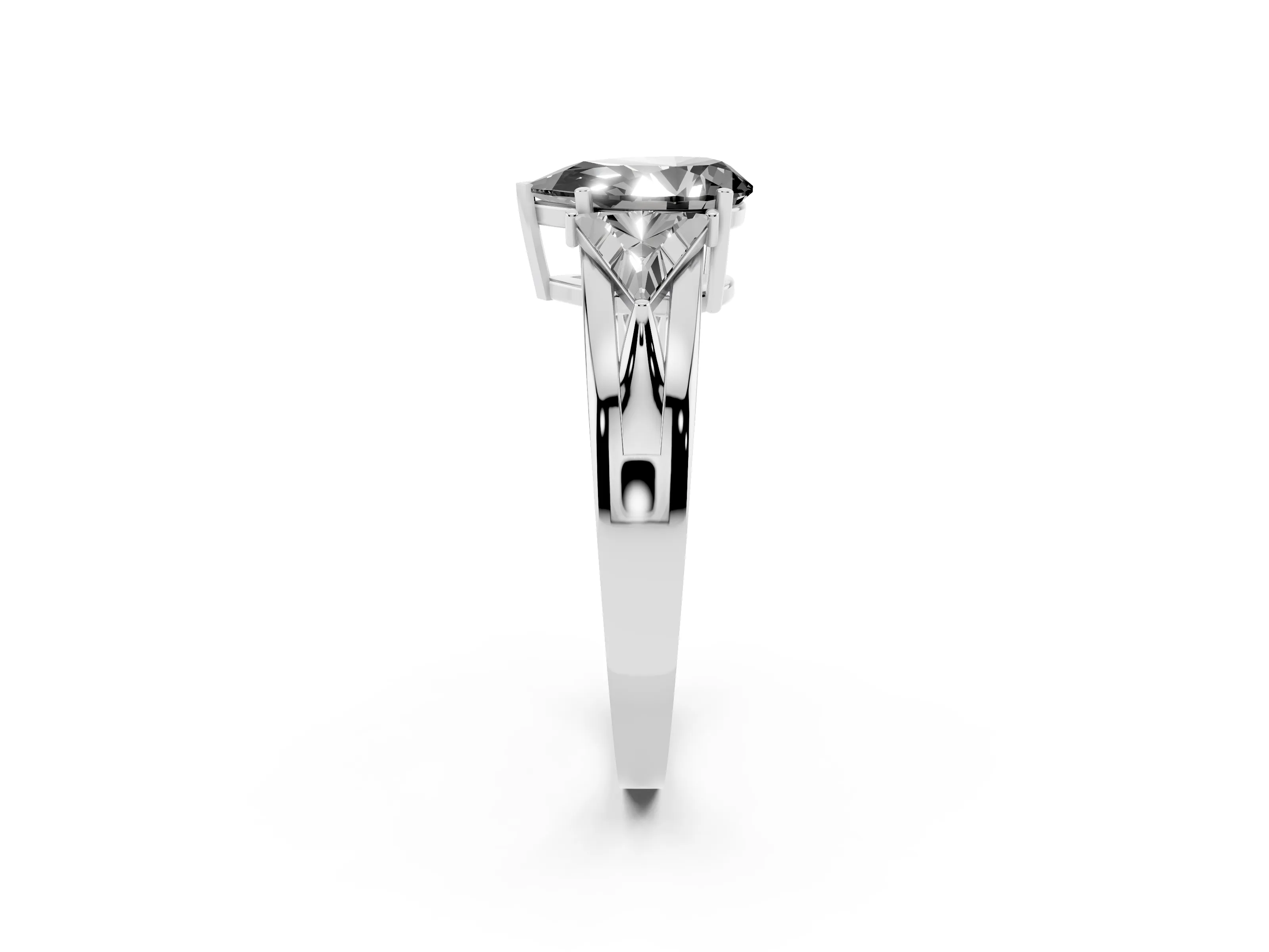Fancy Black Pear Cut Diamond Three-Stone Ring Set in Silver with Trillion Side Stones and Split Shank