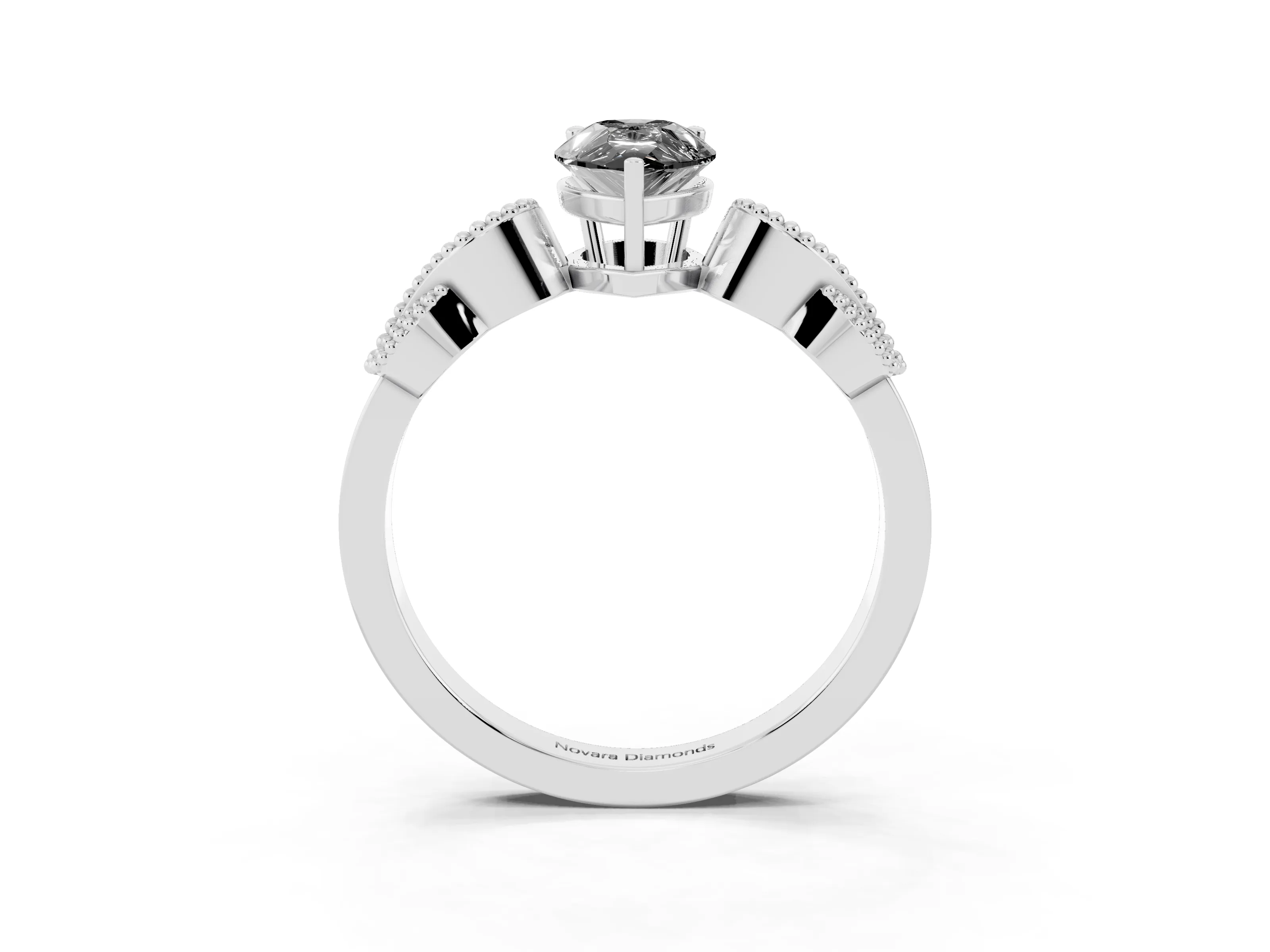 Fancy Black Pear Cut Diamond Milgrain Leaf Band Solitaire Ring Set in White gold with Accent Stones and Prong Setting