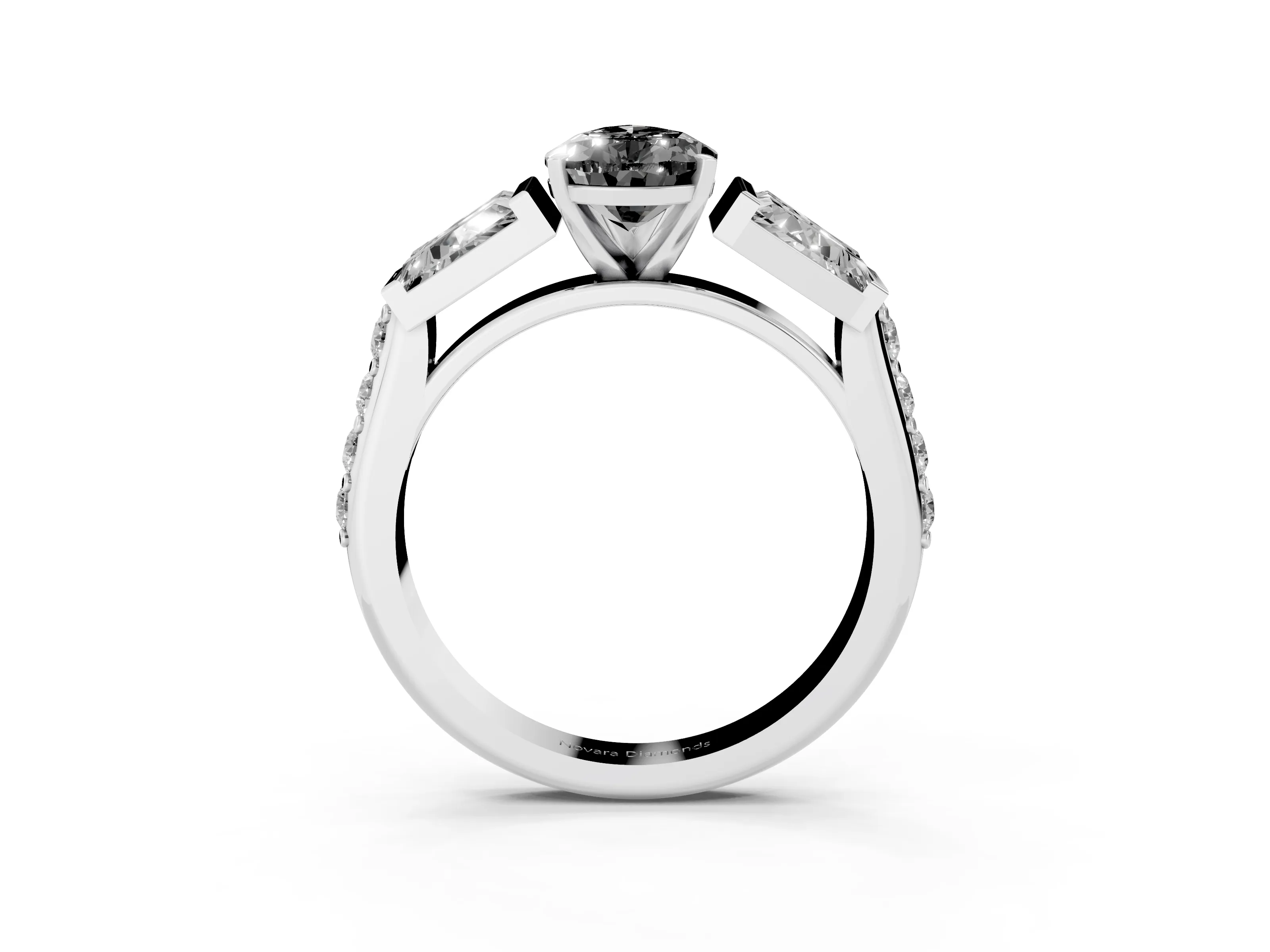 Fancy Black Pear Cut Diamond Engagement Ring Set in White gold with Baguette Side Stones and Channel Set Band