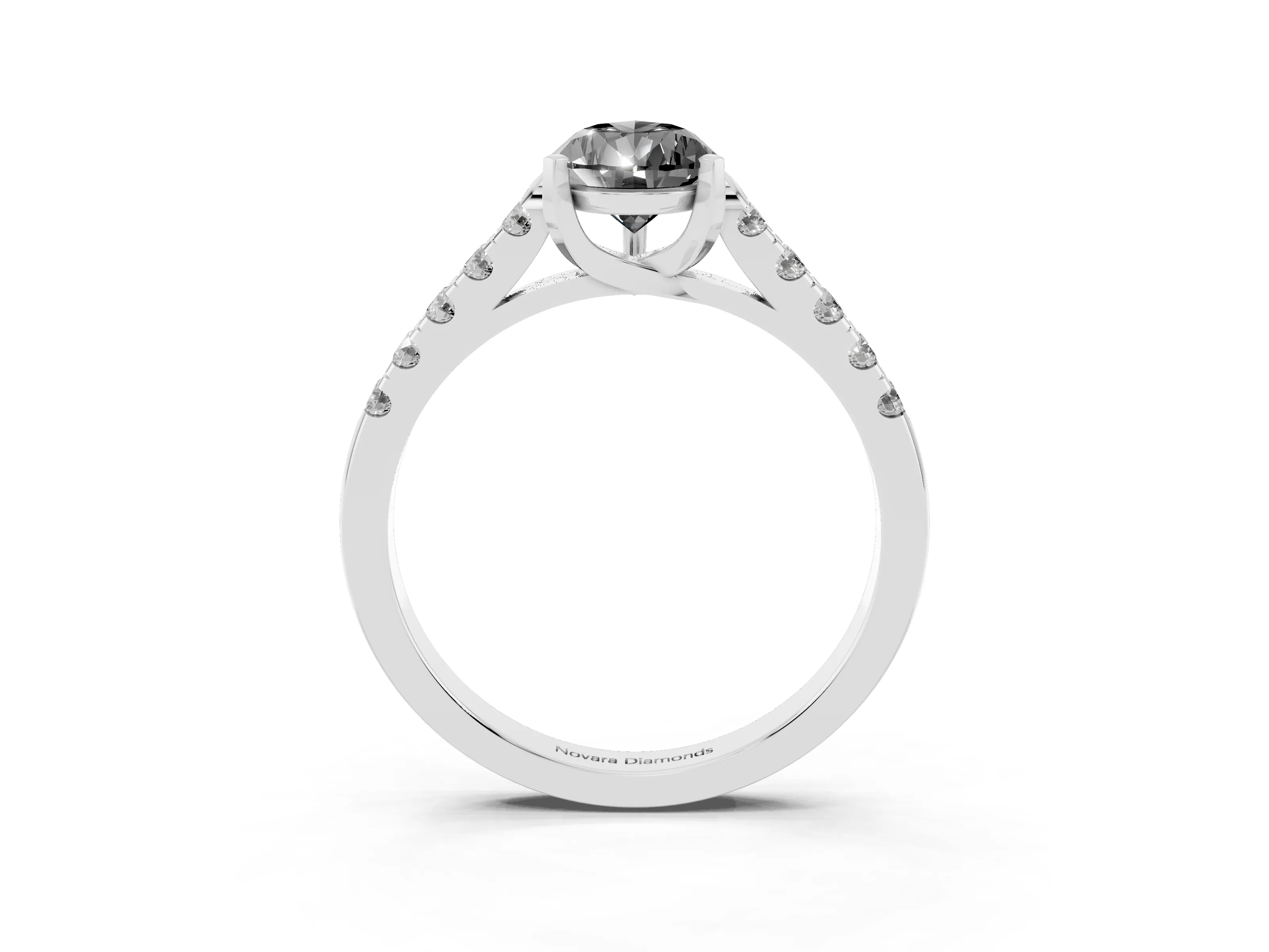 Fancy Black Pear Cut Diamond Pavé Band Solitaire Ring Set in White gold with Partway Accent Stones and Prong Setting
