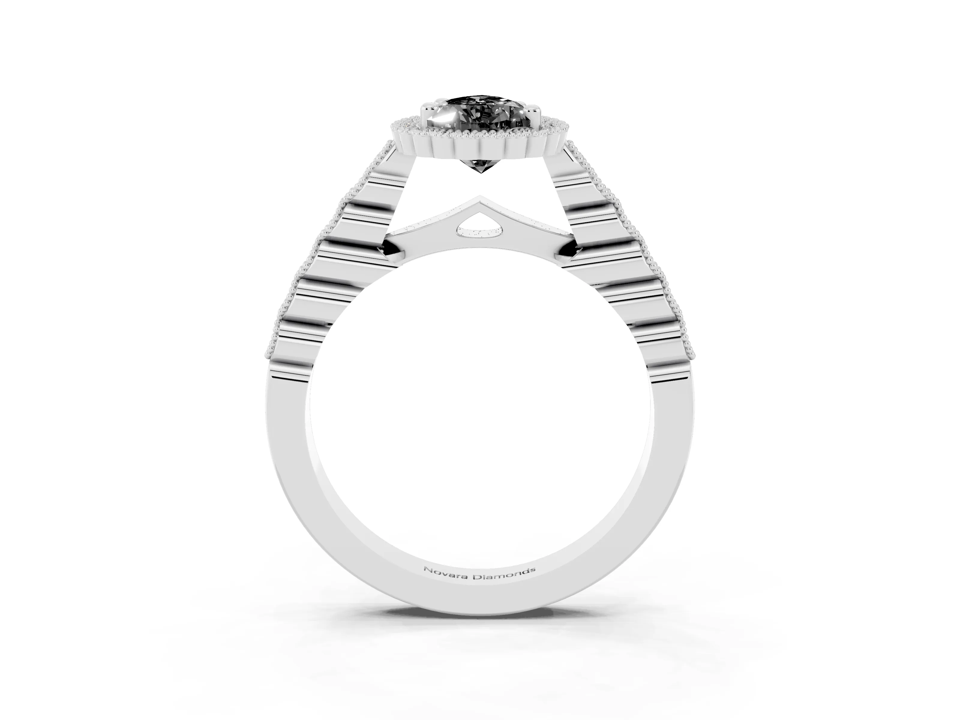 Fancy Black Pear Cut Diamond Halo Ring Set in Platinum with Pavé Milgrain Band