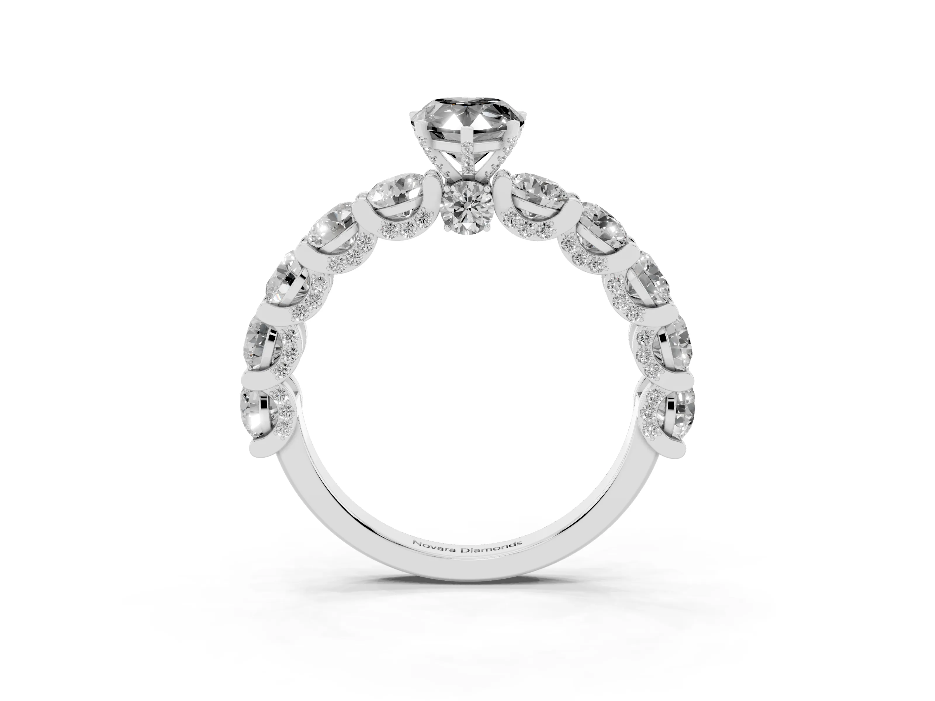 Fancy Black Pear Cut Diamond Side Stone Ring Set in White gold with Alternating Round and Oval Side Stones