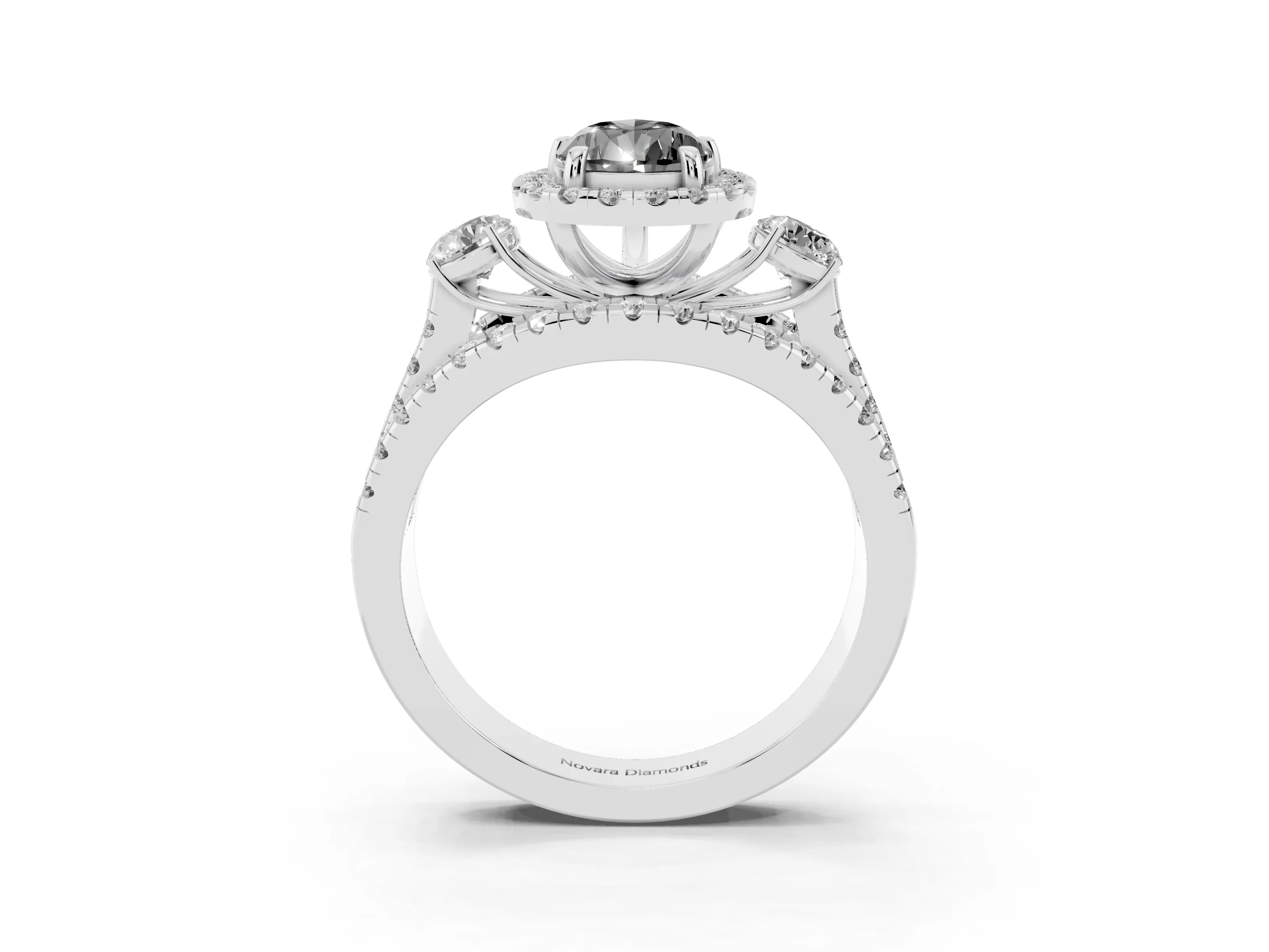 Fancy Black Pear Cut Diamond Halo Split Shank Ring Set in Silver with Round Accent Stones and Prong Setting