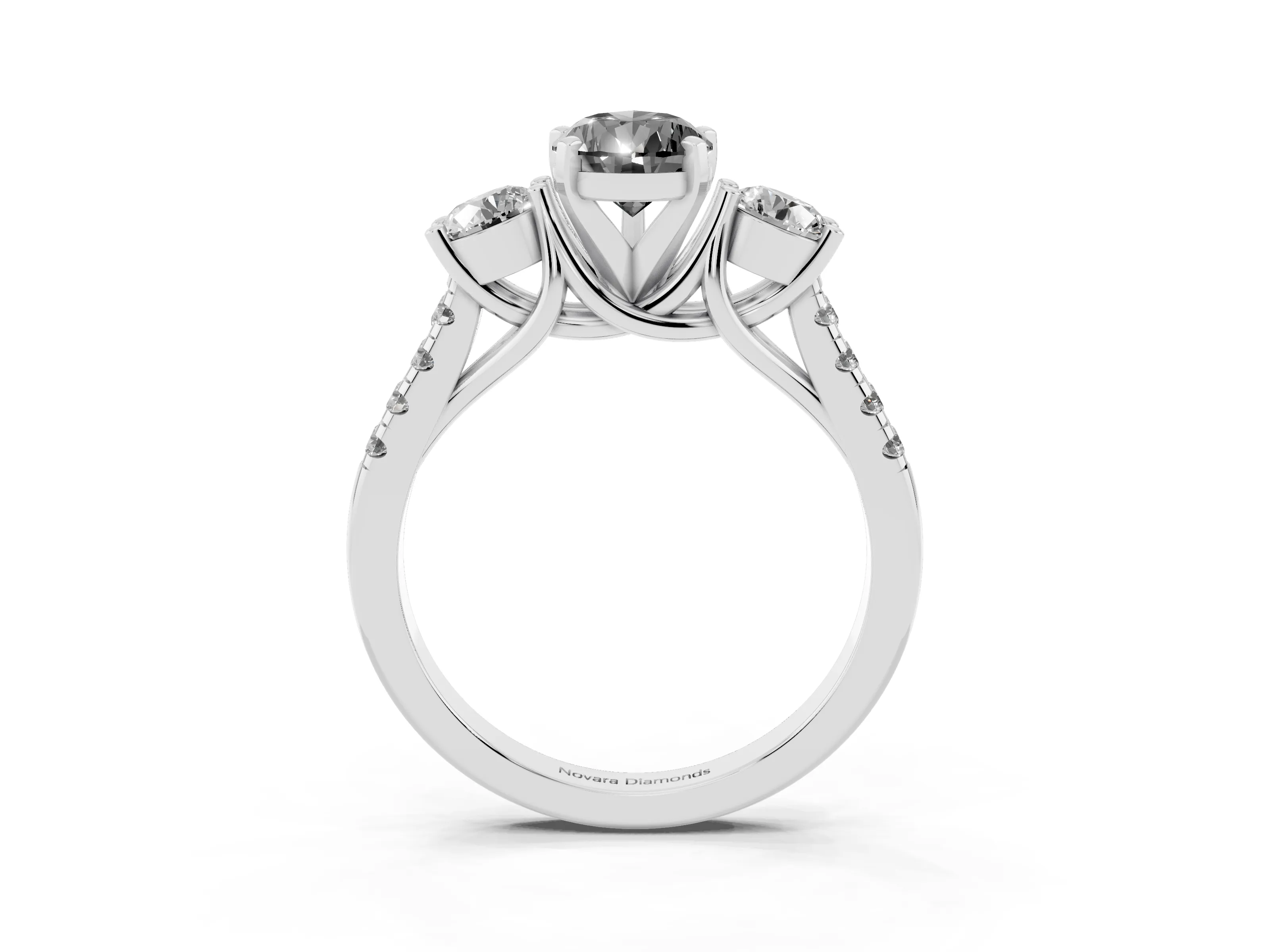Fancy Black Three-Stone Pear Cut Diamond Pavé Band Ring Set in White gold with Prong-Set Trio