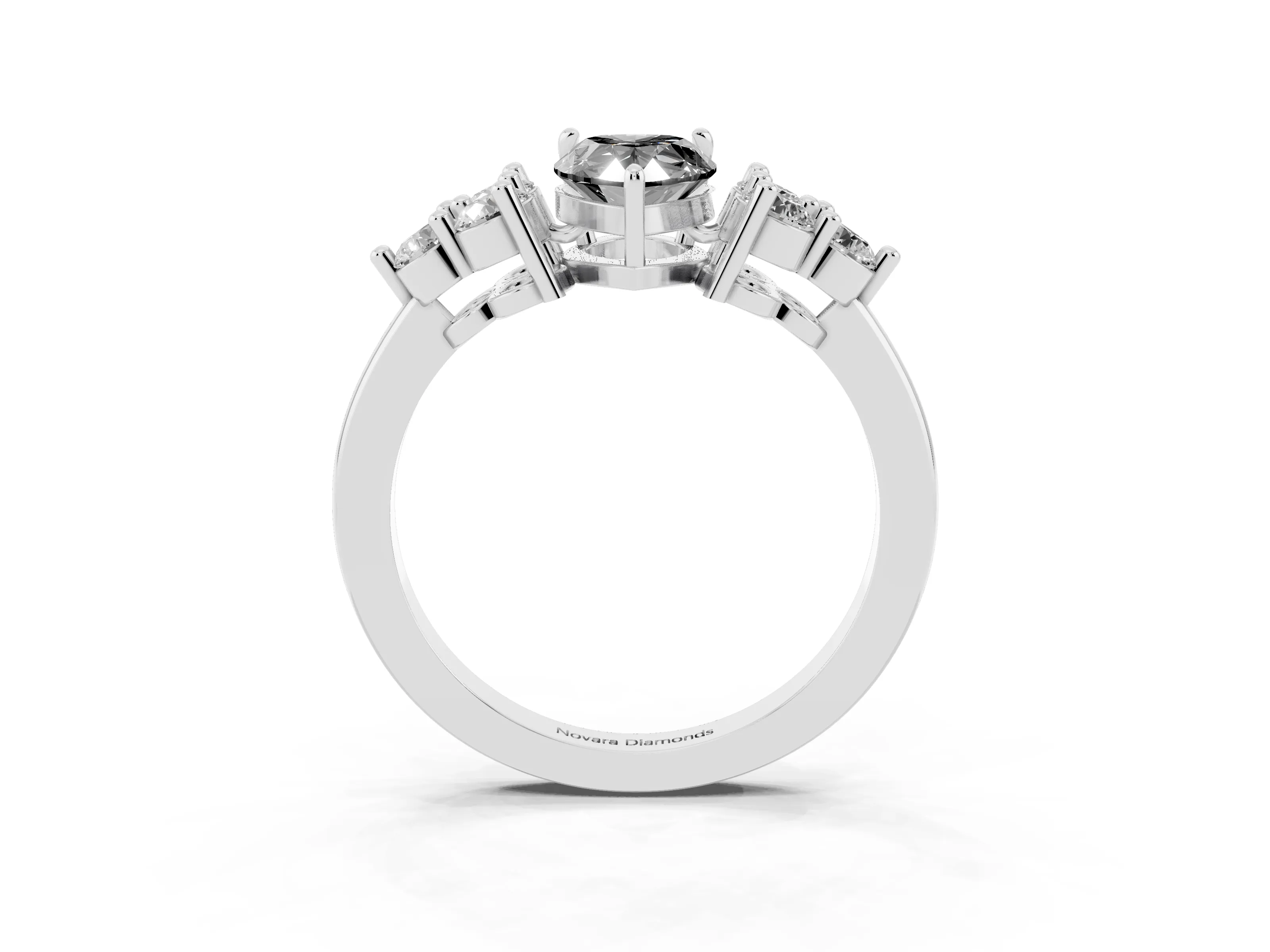 Fancy Black Pear Cut Diamond Solitaire Ring Set in Silver with Cluster Accents on Each Side