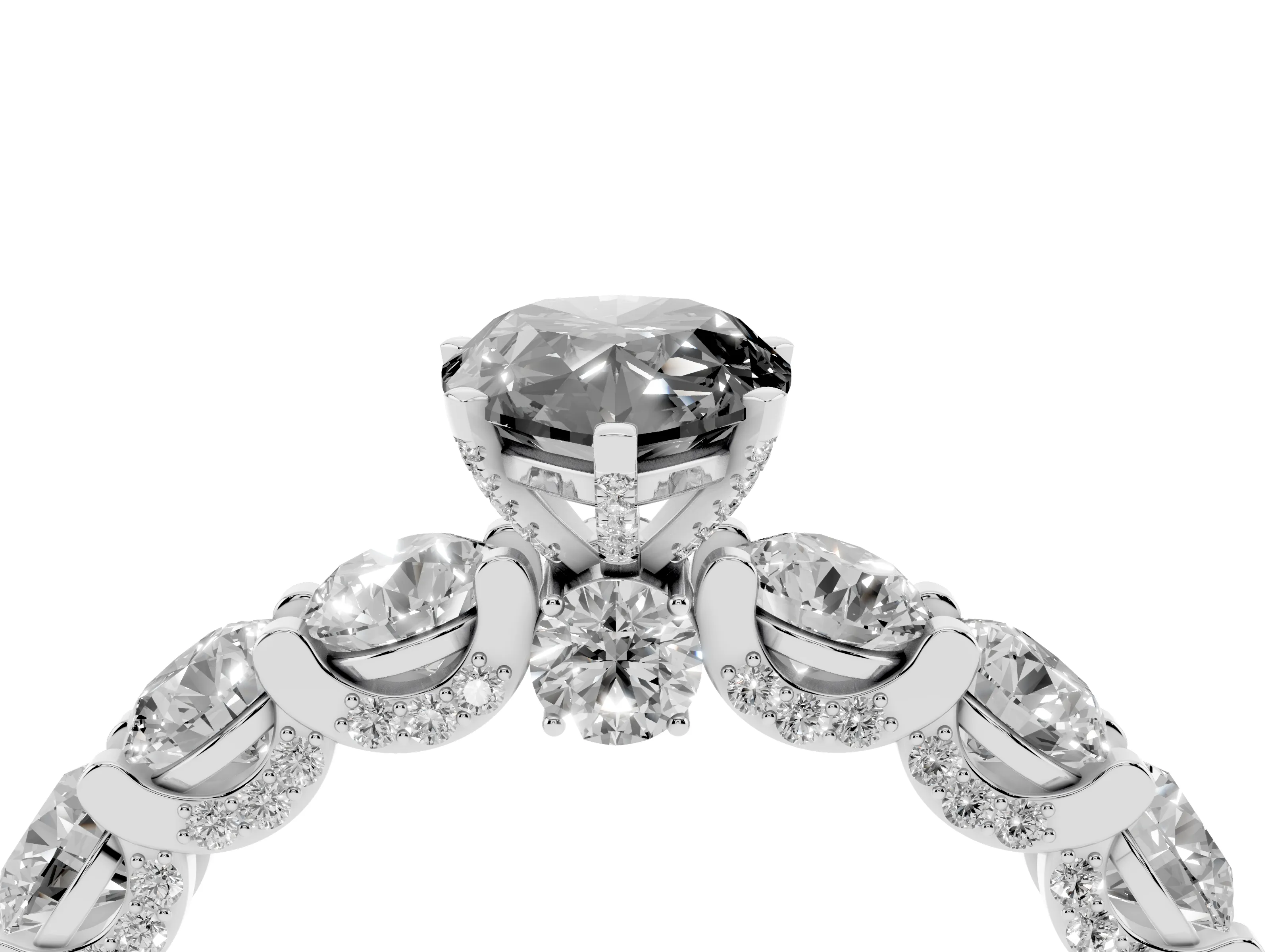 Fancy Black Pear Cut Diamond Side Stone Ring Set in White gold with Alternating Round and Oval Side Stones