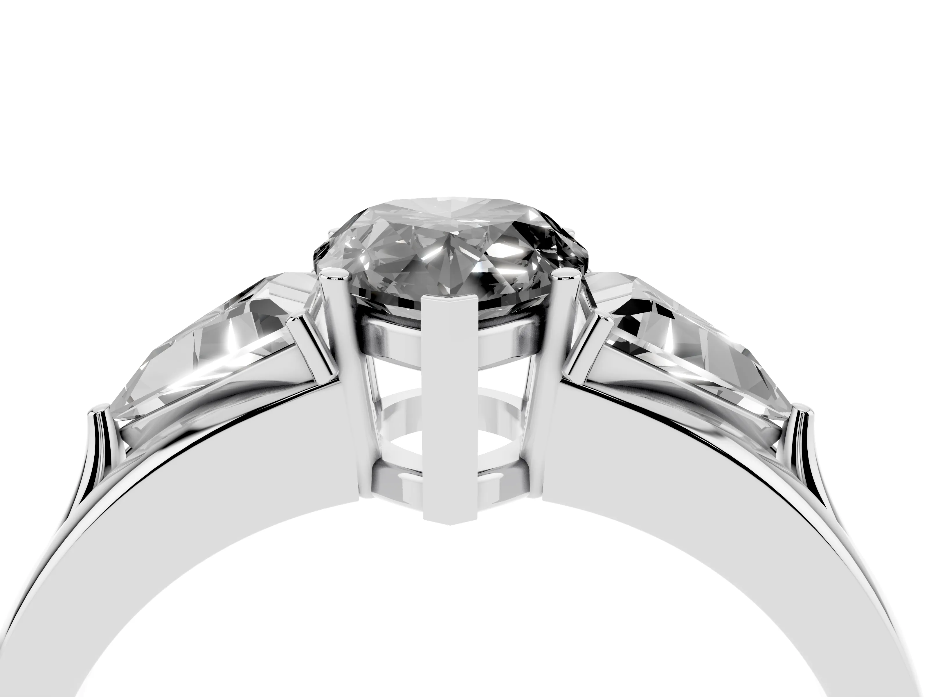 Fancy Black Pear Cut Diamond Three-Stone Ring Set in Silver with Trillion Side Stones and Split Shank