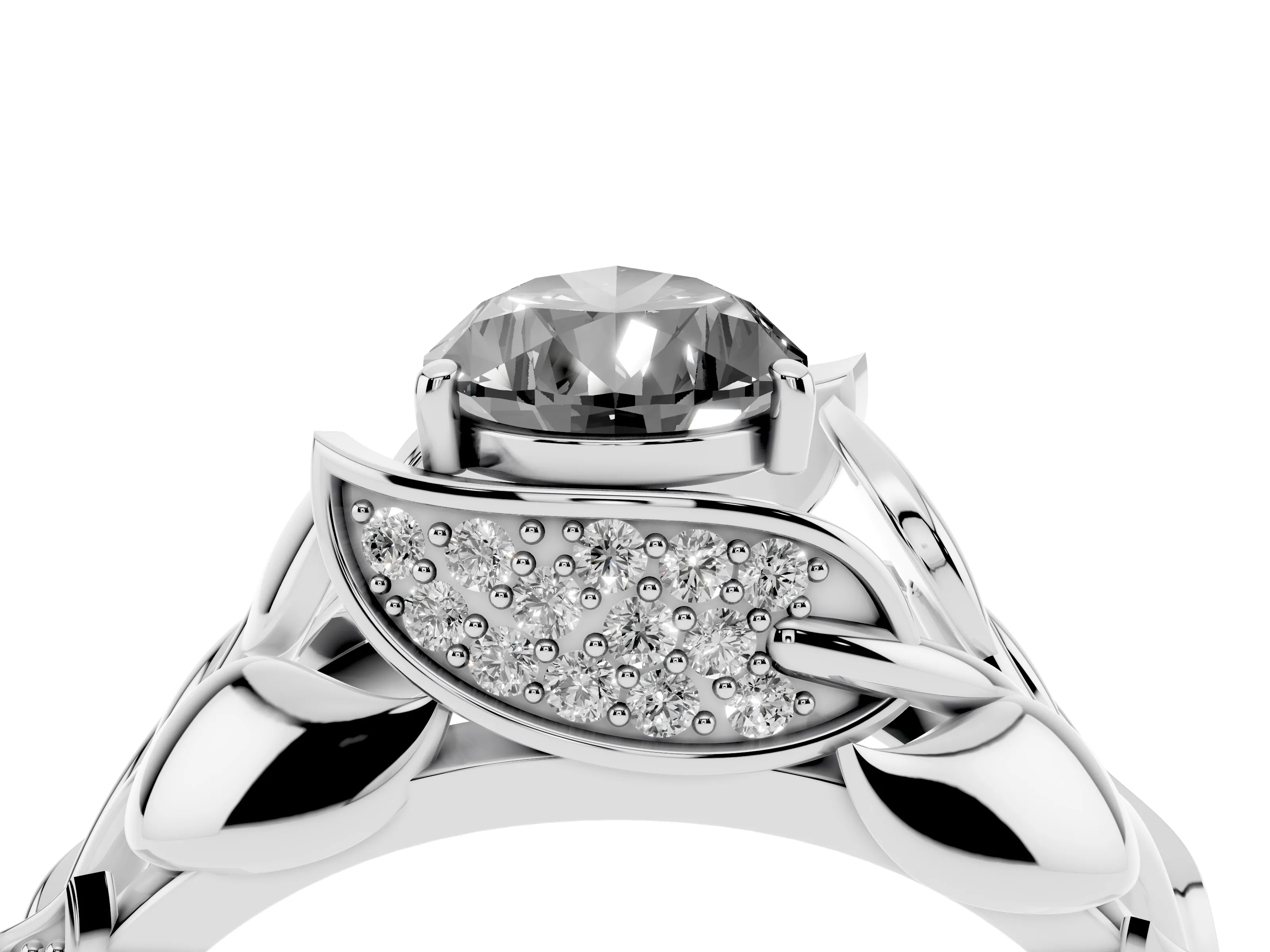 Fancy Black Pear Cut Diamond Leaf-Inspired Engagement Ring Set in White gold with Round Accents
