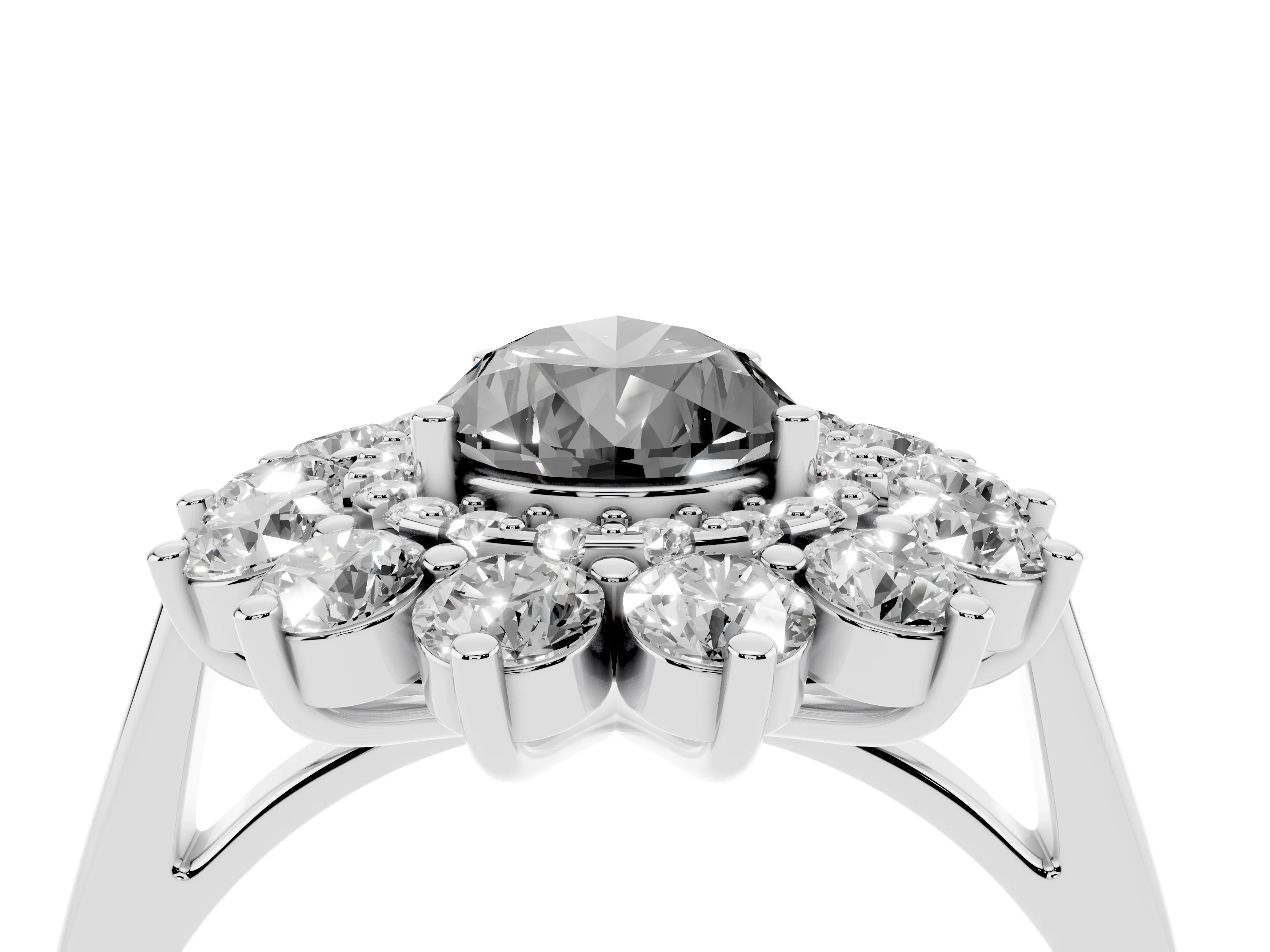 Fancy Black Pear Cut Diamond Floral Double Halo Ring Set in Silver with Round Petals