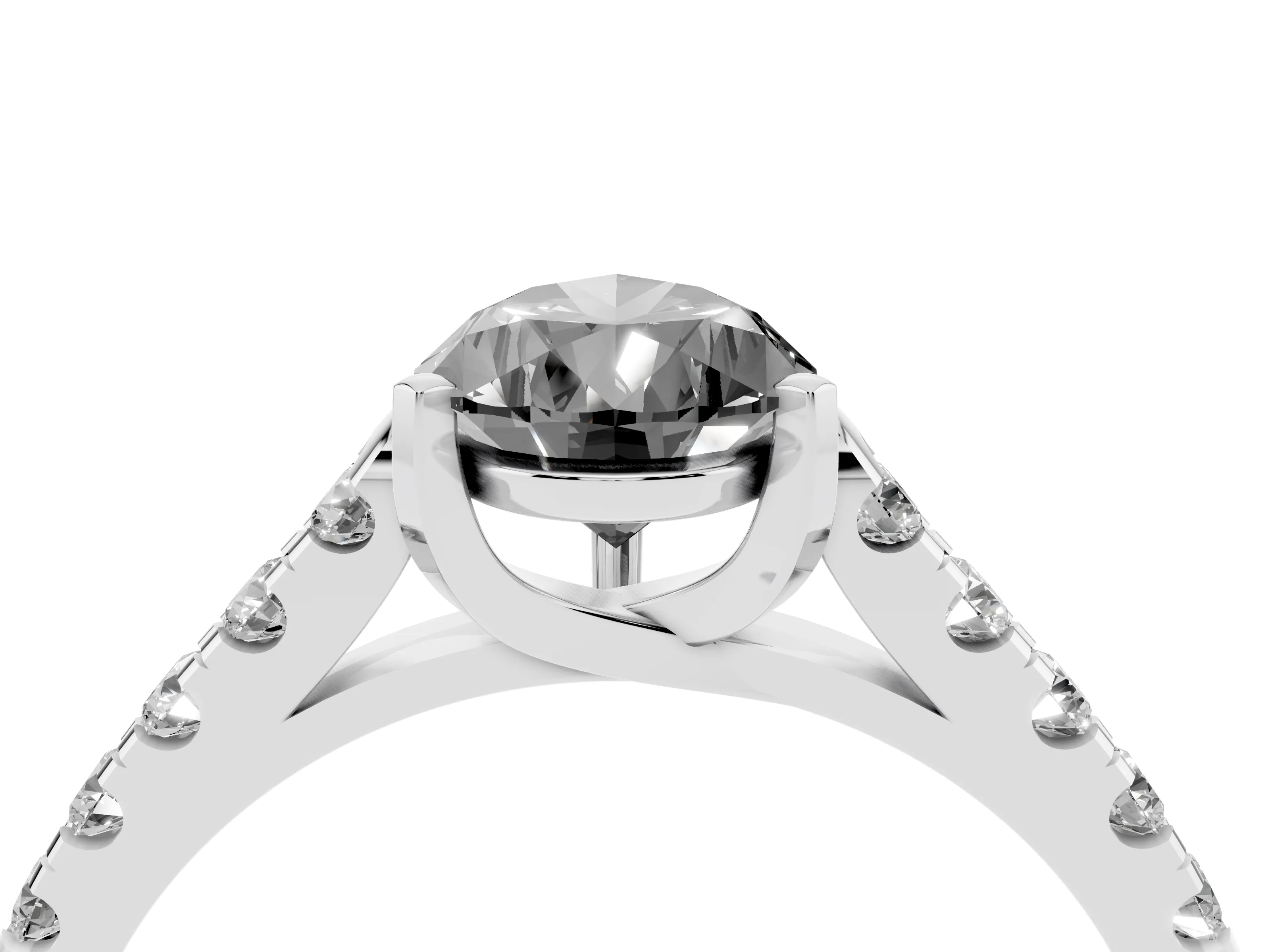 Fancy Black Pear Cut Diamond Pavé Band Solitaire Ring Set in White gold with Partway Accent Stones and Prong Setting