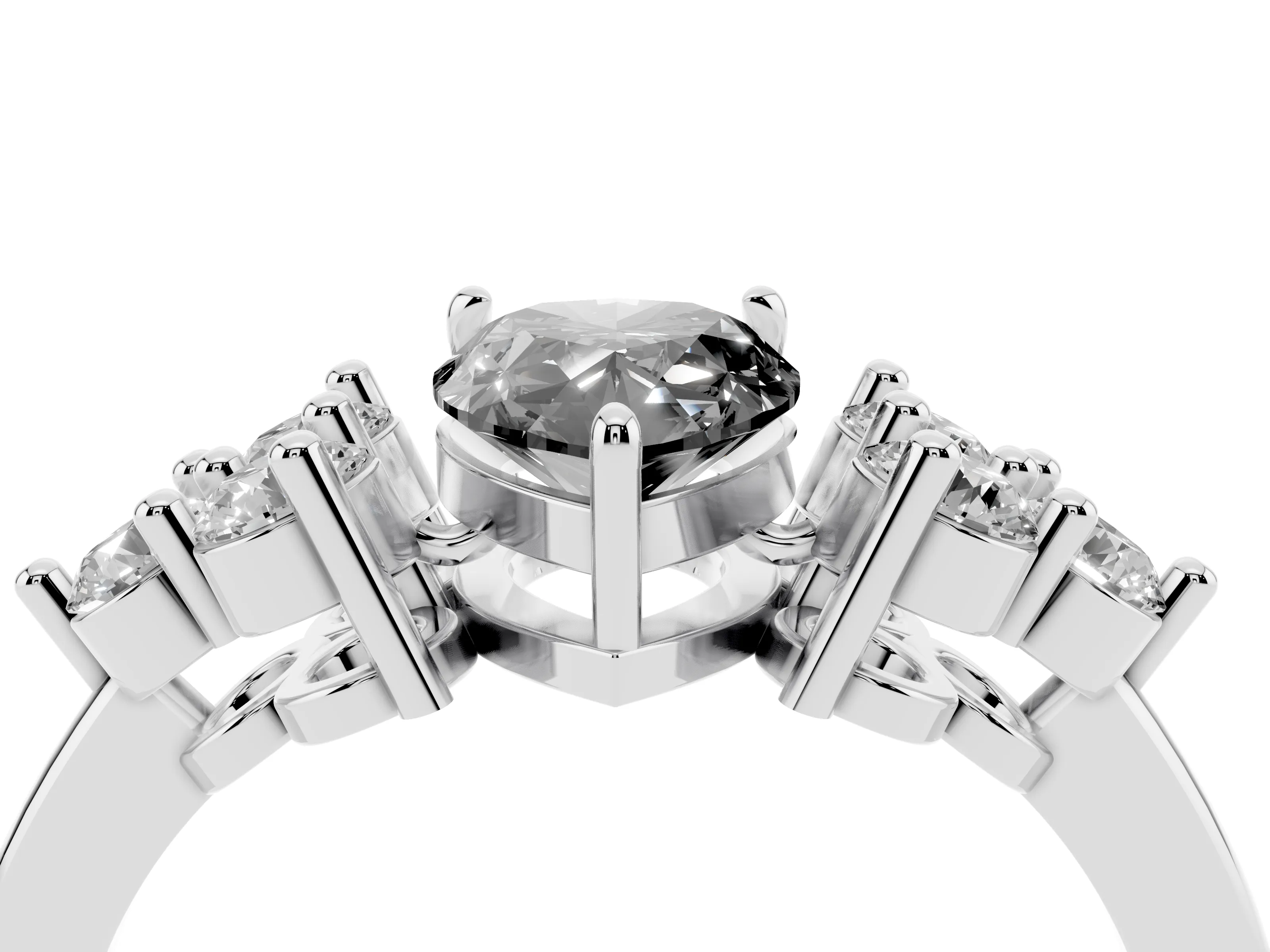 Fancy Black Pear Cut Diamond Solitaire Ring Set in Silver with Cluster Accents on Each Side
