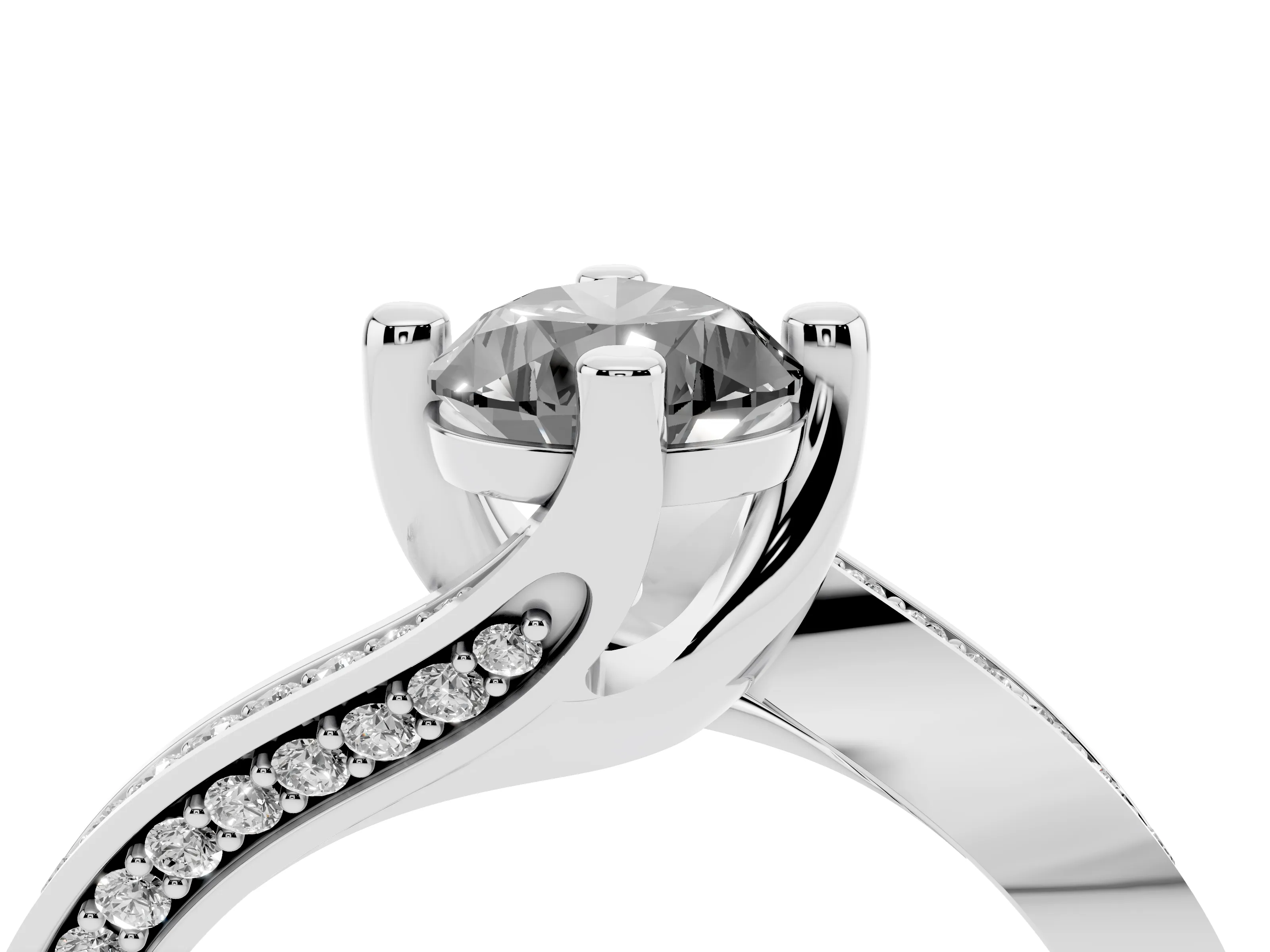 Fancy Black Pear Cut Diamond Solitaire Ring Set in White gold with Intertwined Pavé Twist Band