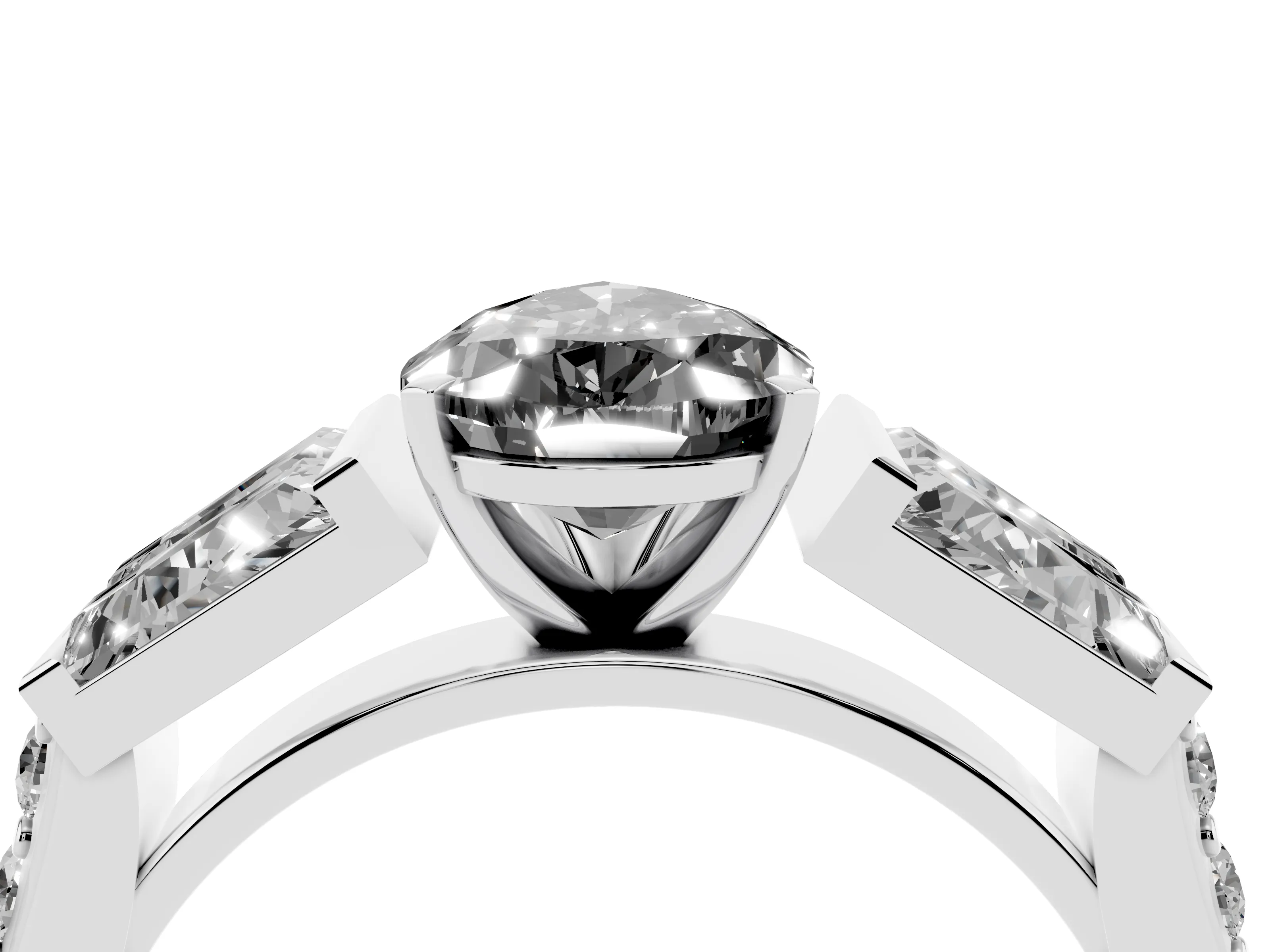 Fancy Black Pear Cut Diamond Engagement Ring Set in White gold with Baguette Side Stones and Channel Set Band
