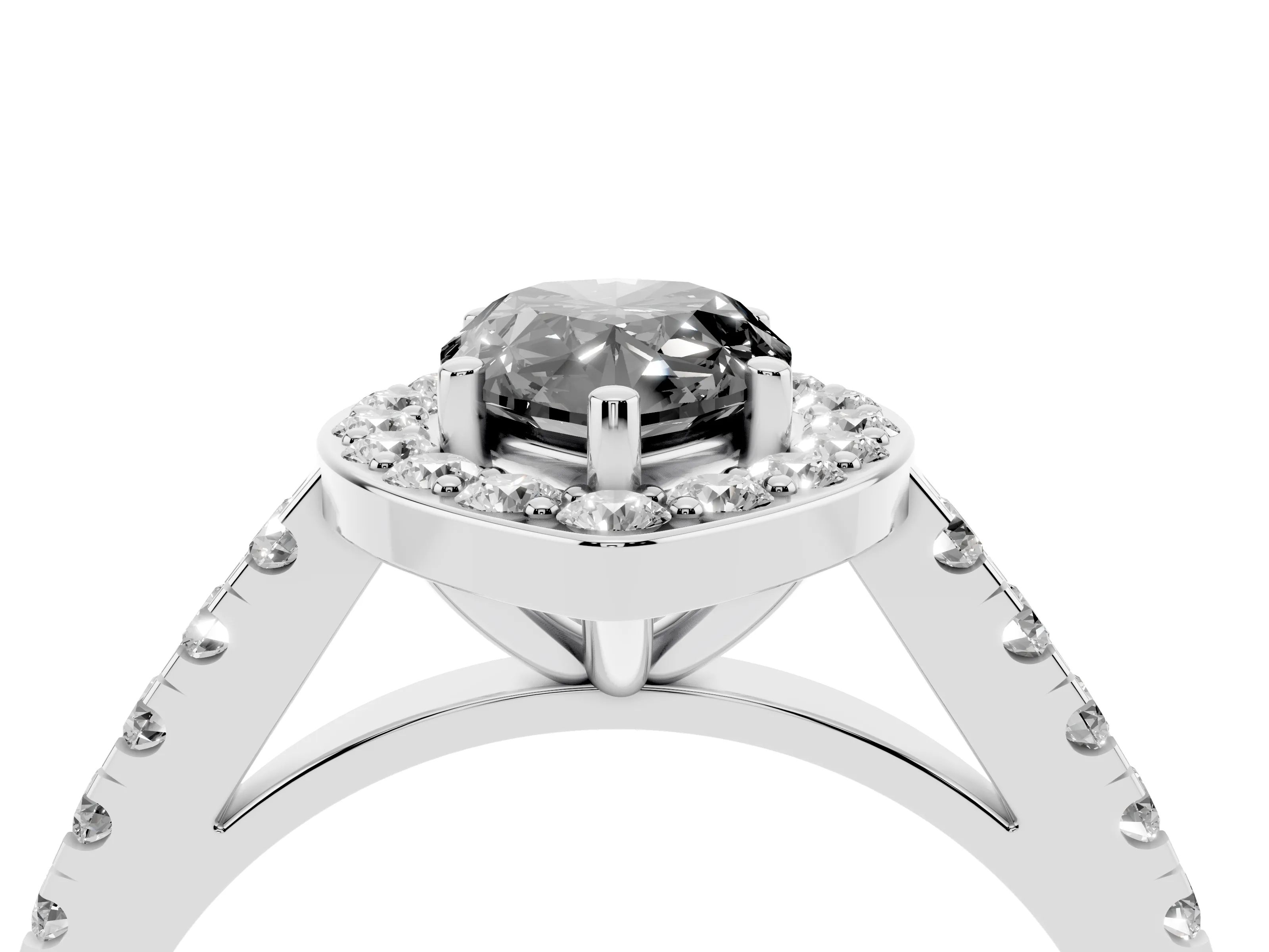 Fancy Black Pear Cut Diamond Halo Ring Set in White gold with Round Pavé Split Shank and Prong Setting