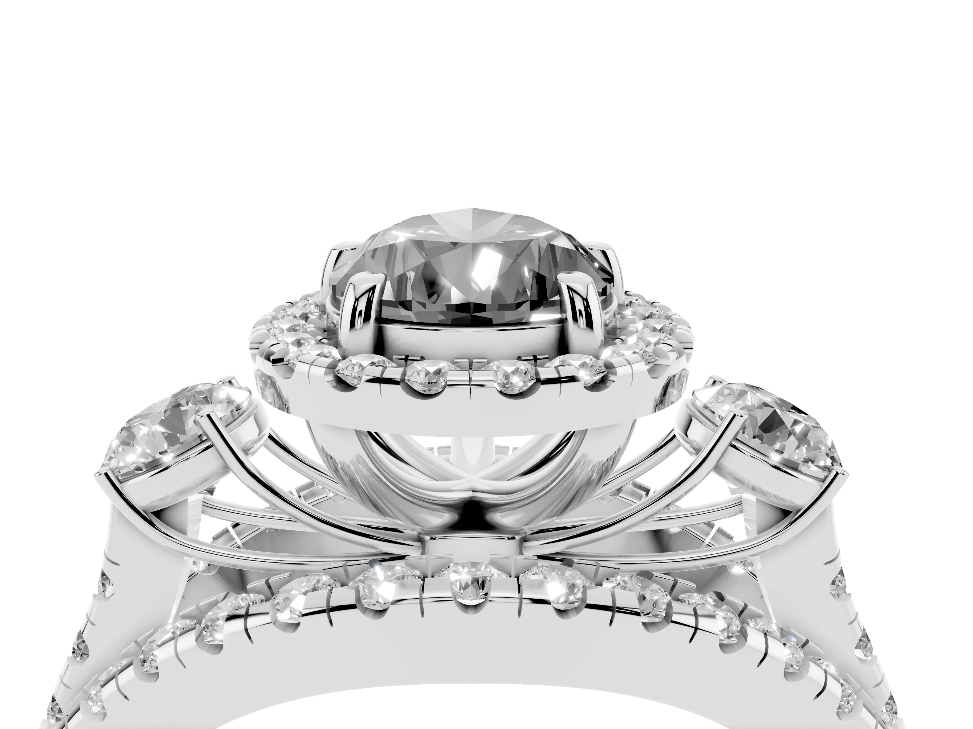 Fancy Black Pear Cut Diamond Halo Split Shank Ring Set in Silver with Round Accent Stones and Prong Setting