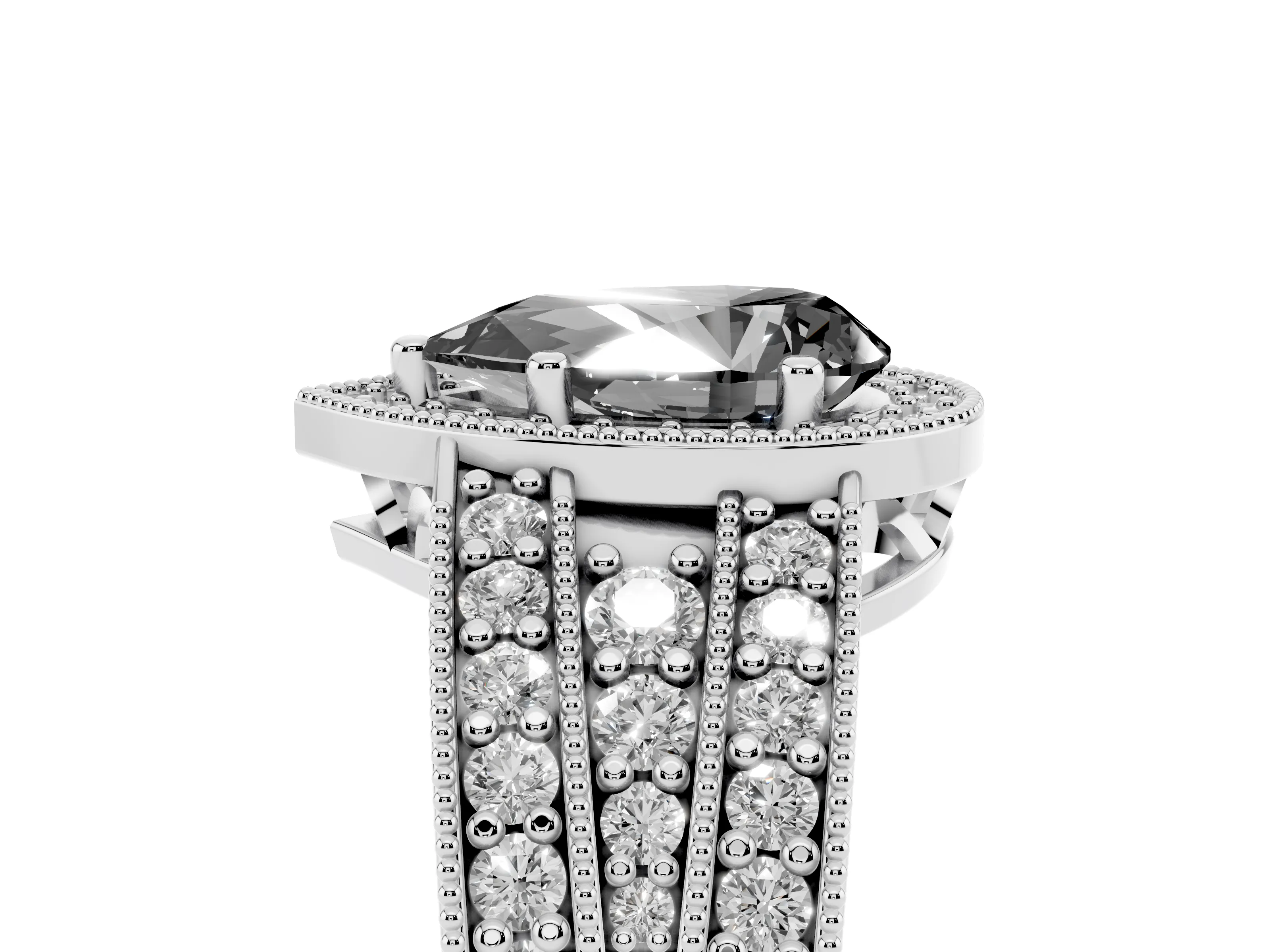 Fancy Black Pear Cut Diamond Halo Ring Set in Platinum with Accent Split Shank and Prong Setting
