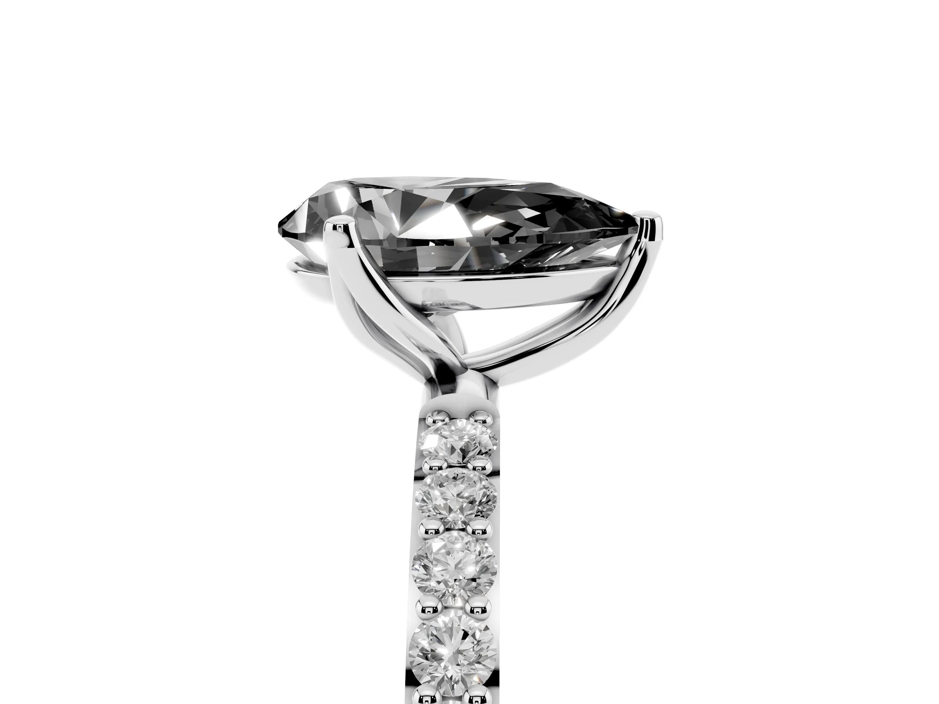 Fancy Black Pear Cut Diamond Solitaire Engagement Ring Set in Silver with Round Pavé Band and Prong Setting