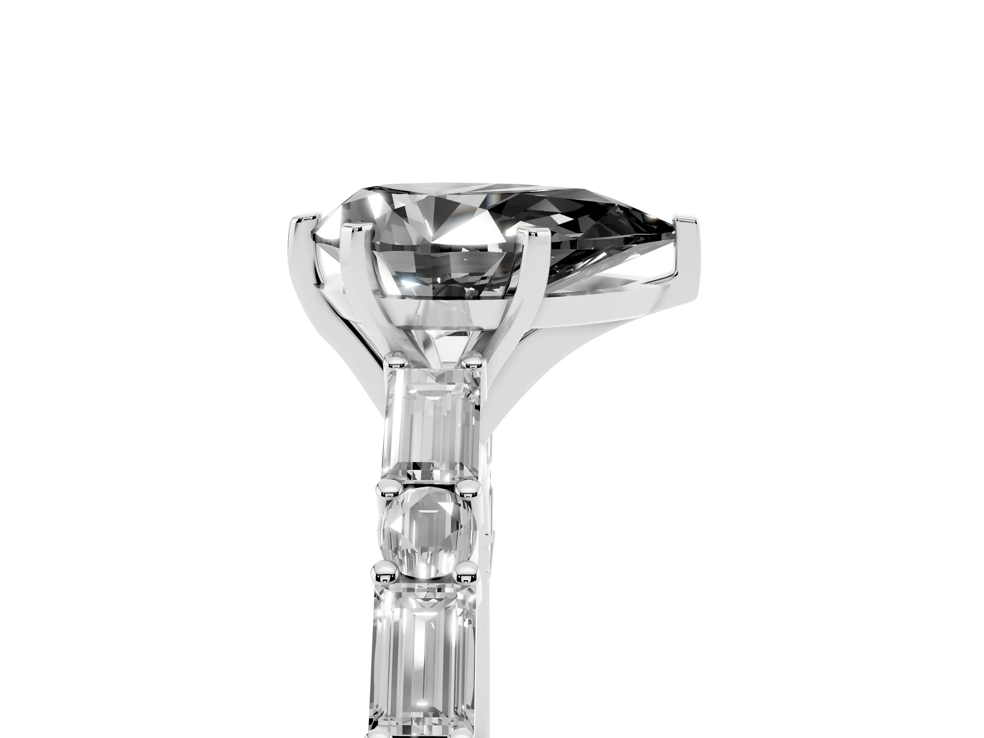 Fancy Black Pear Cut Diamond Solitaire Set in Platinum with Side Baguettes and Channel Set Band