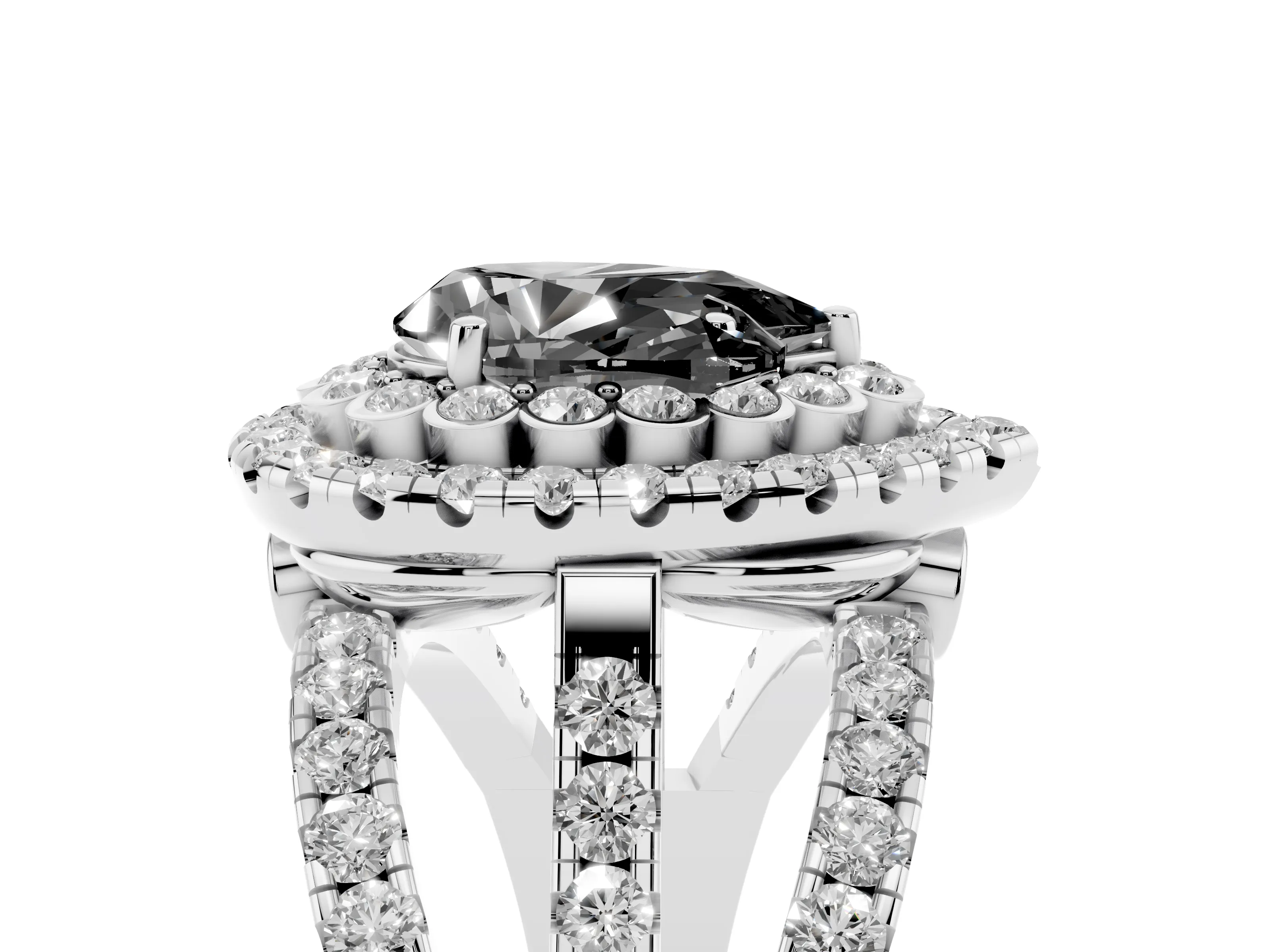 Fancy Black Pear Cut Diamond Double Halo Ring Set in Silver with Round Pavé Split Shank