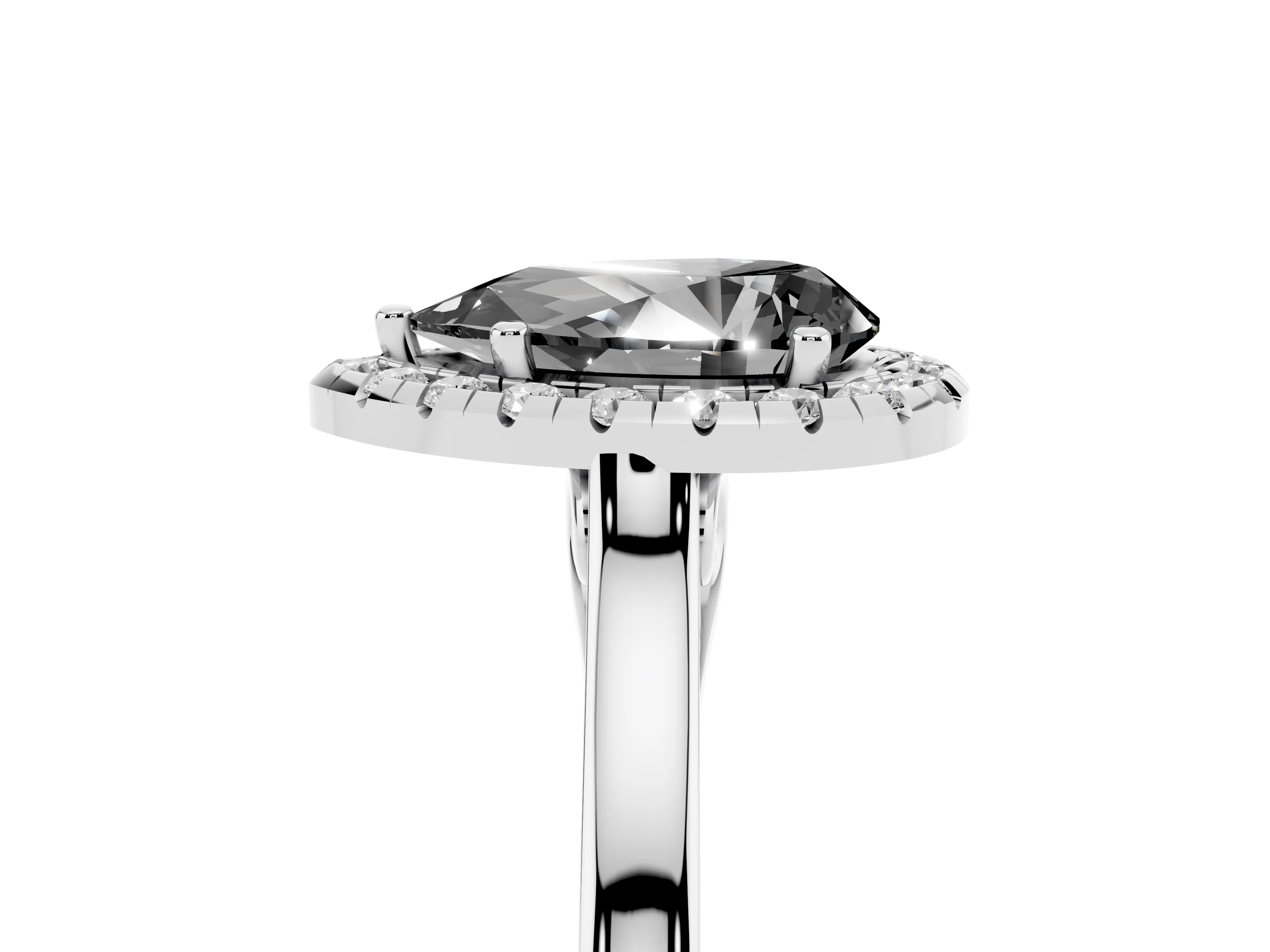 Fancy Black Pear Cut Halo Round Diamond Solitaire Ring Set in Platinum with Pavé Band and Prong Setting