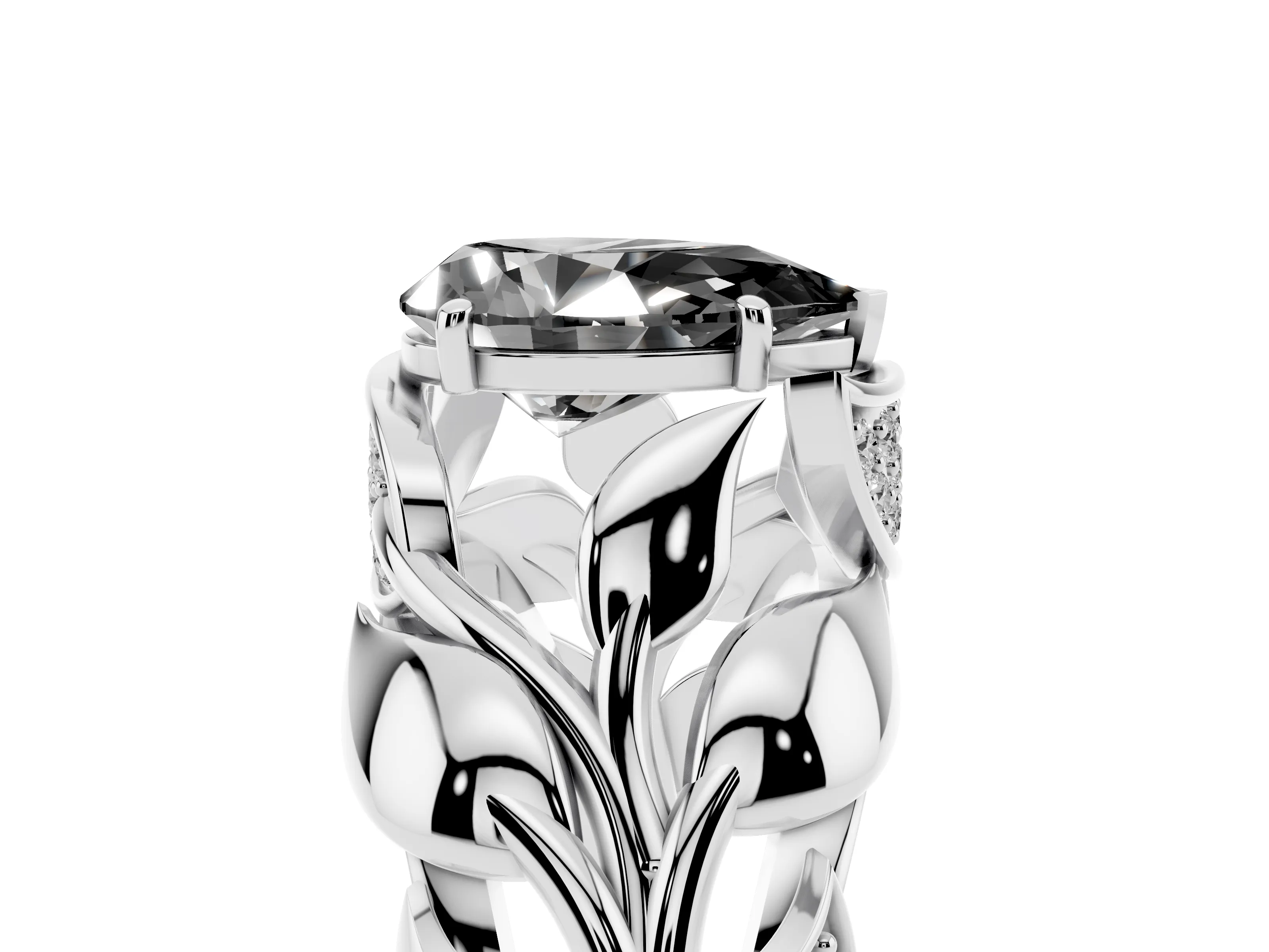 Fancy Black Pear Cut Diamond Leaf-Inspired Engagement Ring Set in White gold with Round Accents