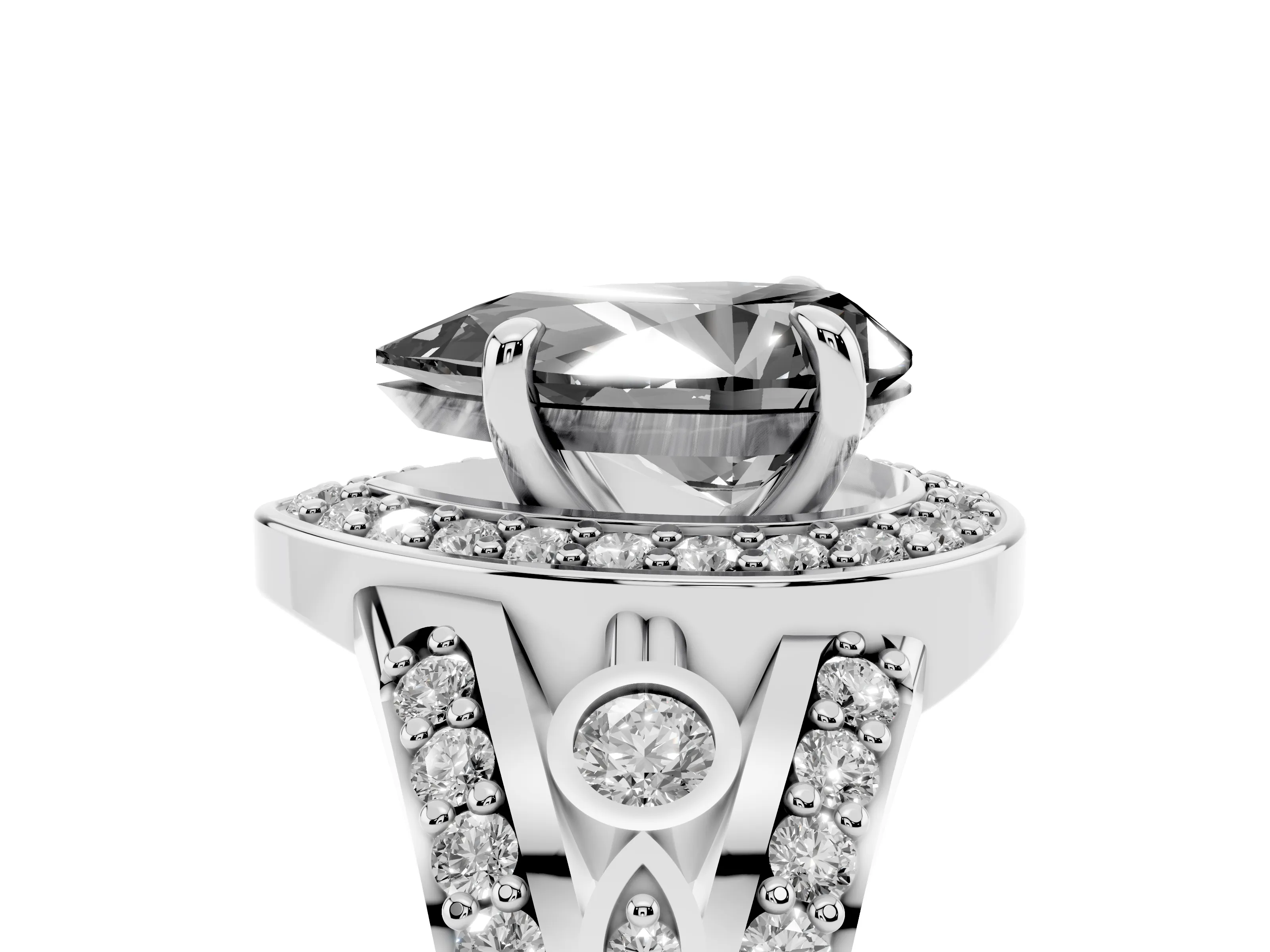 Fancy Black Pear Cut Diamond Halo Ring Set in White gold with Pavé Split Shank and Bezel Accents