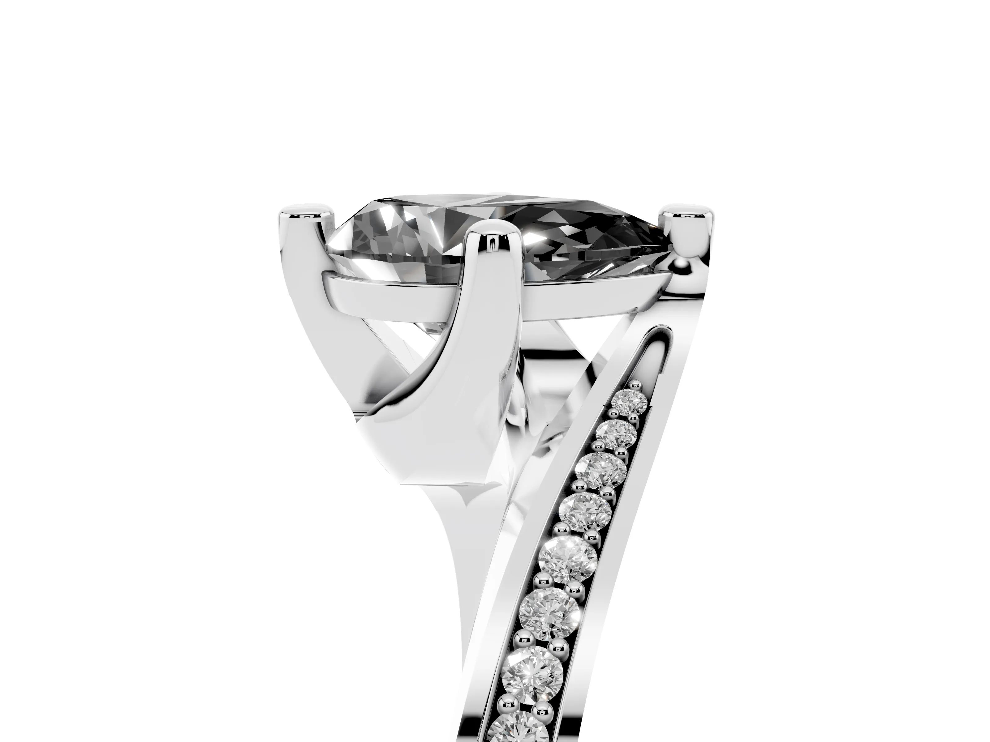 Fancy Black Pear Cut Diamond Solitaire Ring Set in White gold with Intertwined Pavé Twist Band