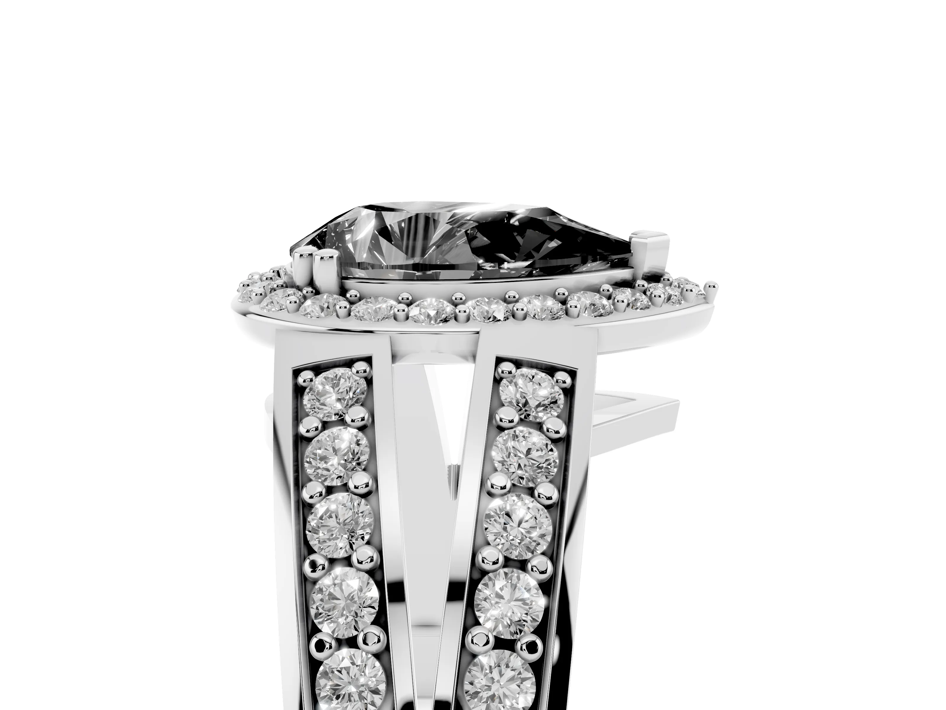 Fancy Black Pear Cut Diamond Halo Ring Set in Silver with Double Pavé Split Shank