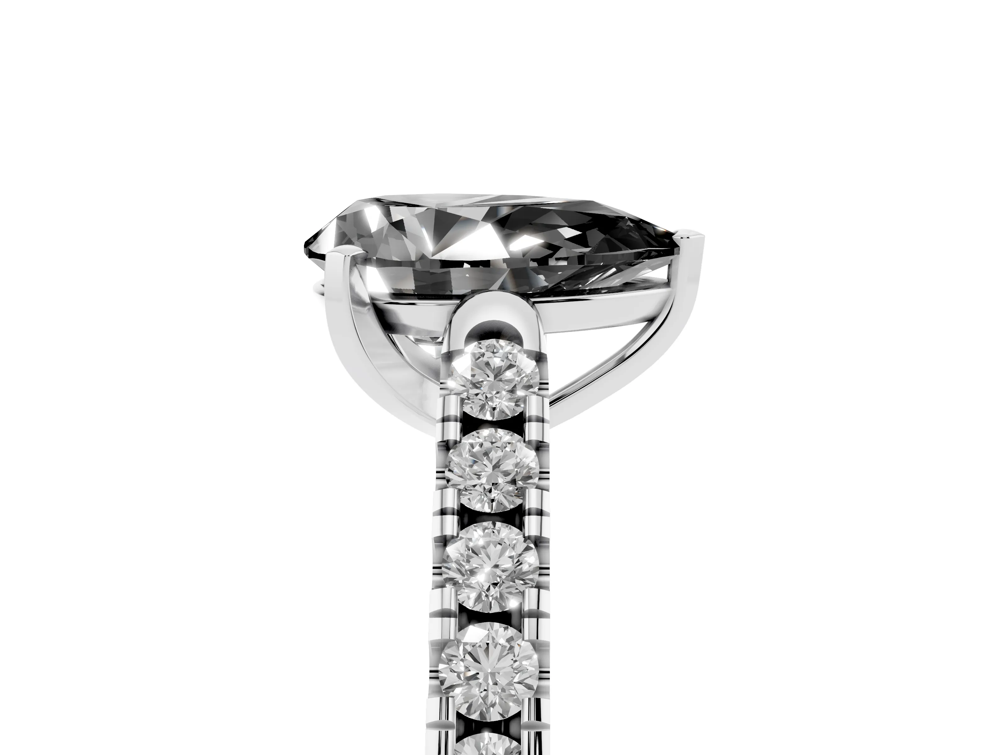 Fancy Black Pear Cut Diamond Pavé Band Solitaire Ring Set in White gold with Partway Accent Stones and Prong Setting