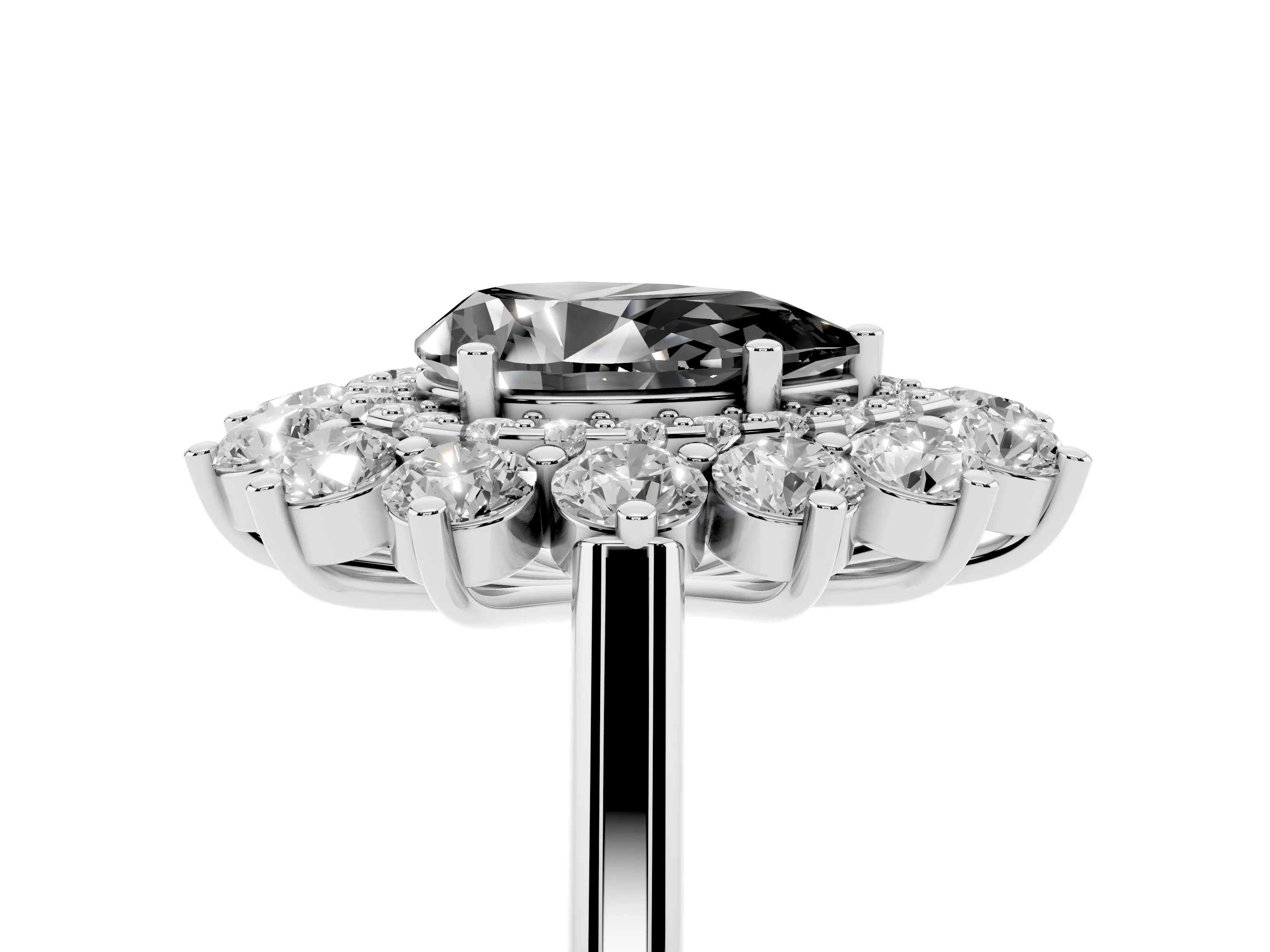 Fancy Black Pear Cut Diamond Floral Double Halo Ring Set in Silver with Round Petals