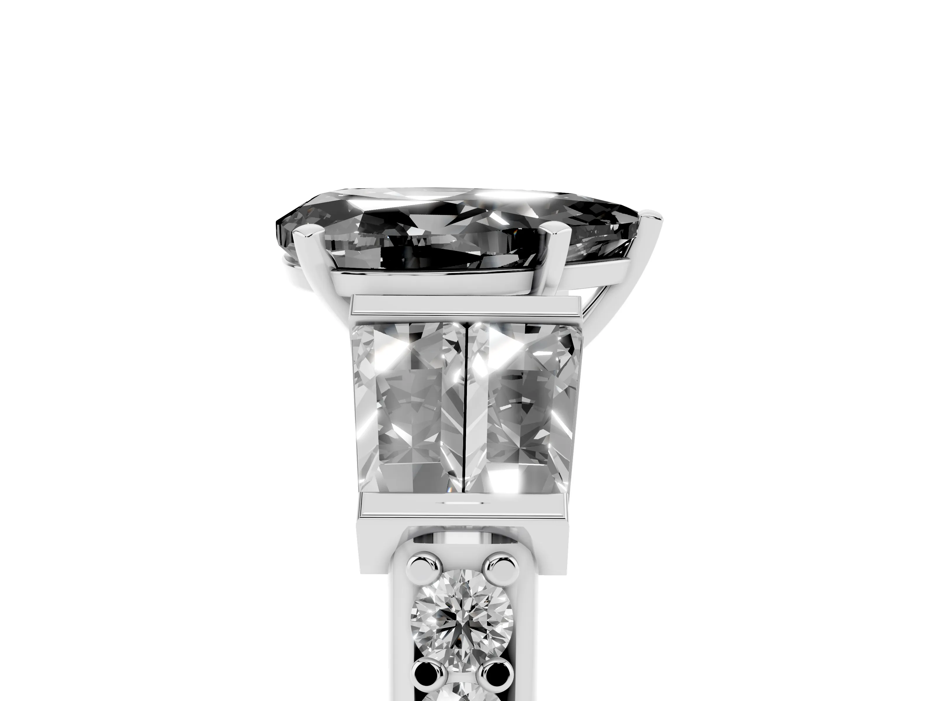 Fancy Black Pear Cut Diamond Engagement Ring Set in White gold with Baguette Side Stones and Channel Set Band