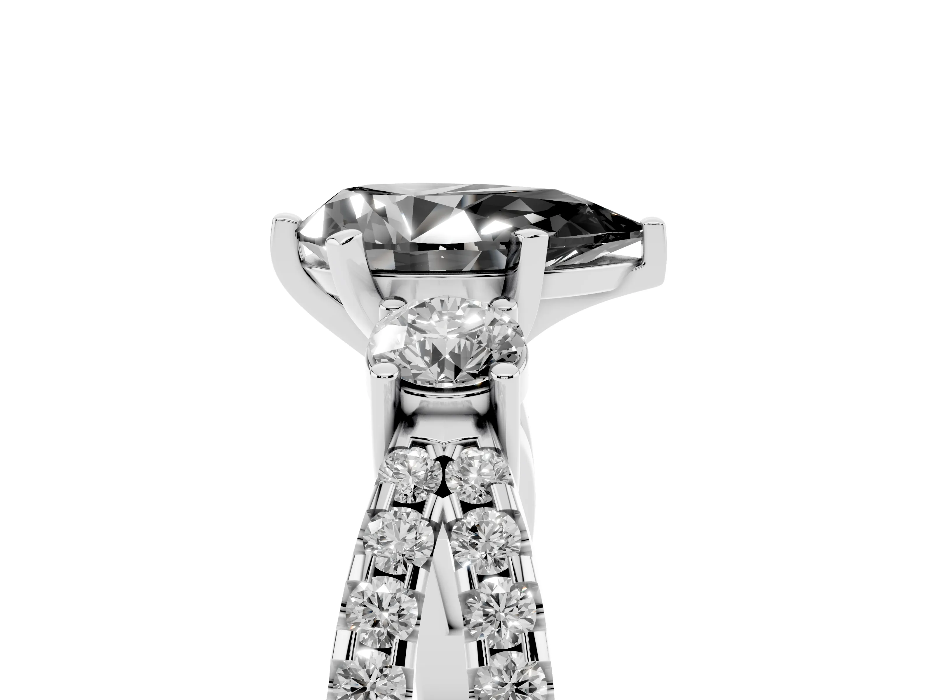Fancy Black Pear Cut Diamond Three-Stone Ring Set in Platinum with Pavé Split Shank and Prong Setting