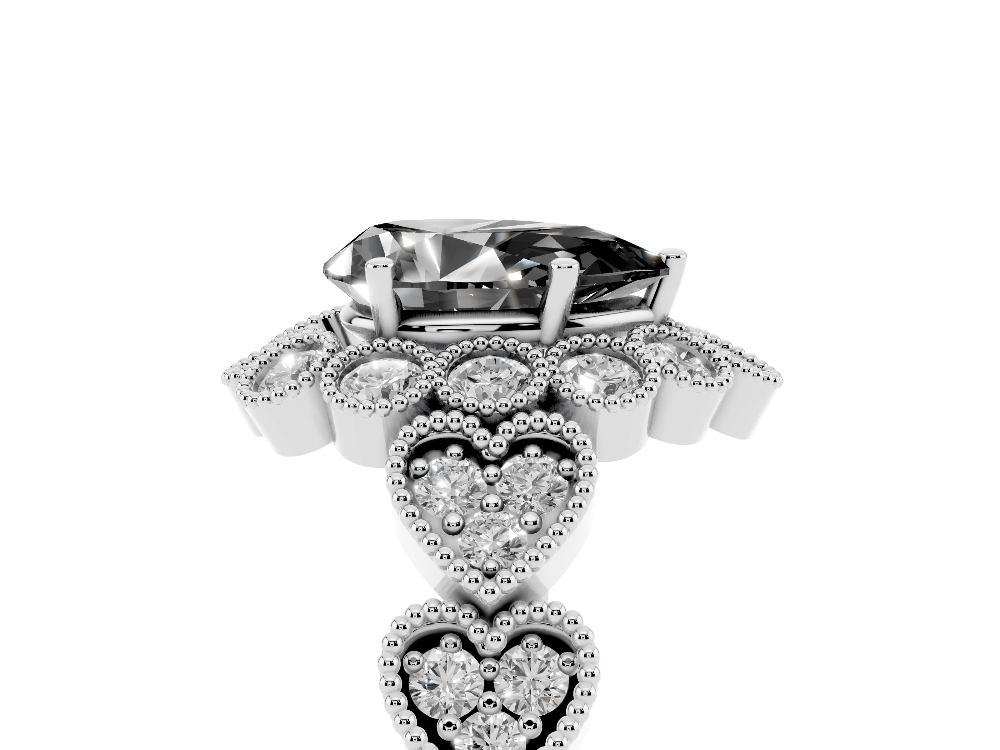 Fancy Black Pear Cut Diamond Solitaire Ring Set in Platinum with Milgrain Pavé Heart Band