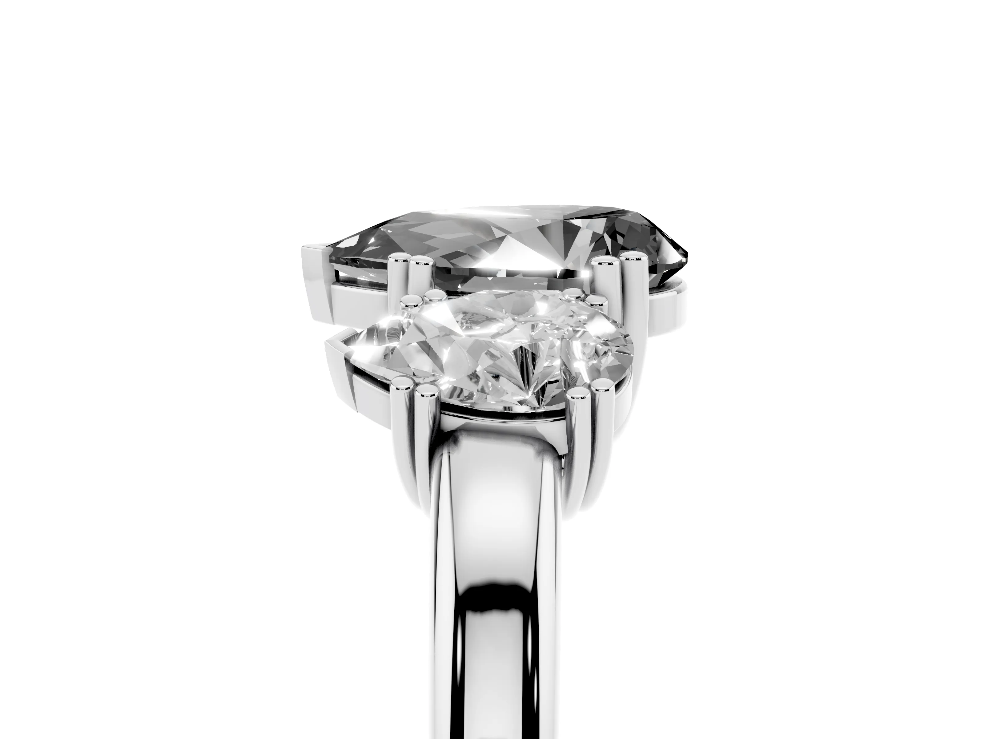 Fancy Black Pear Cut Diamond Three-Stone Ring Set in White gold with Polished Channel-Set Band