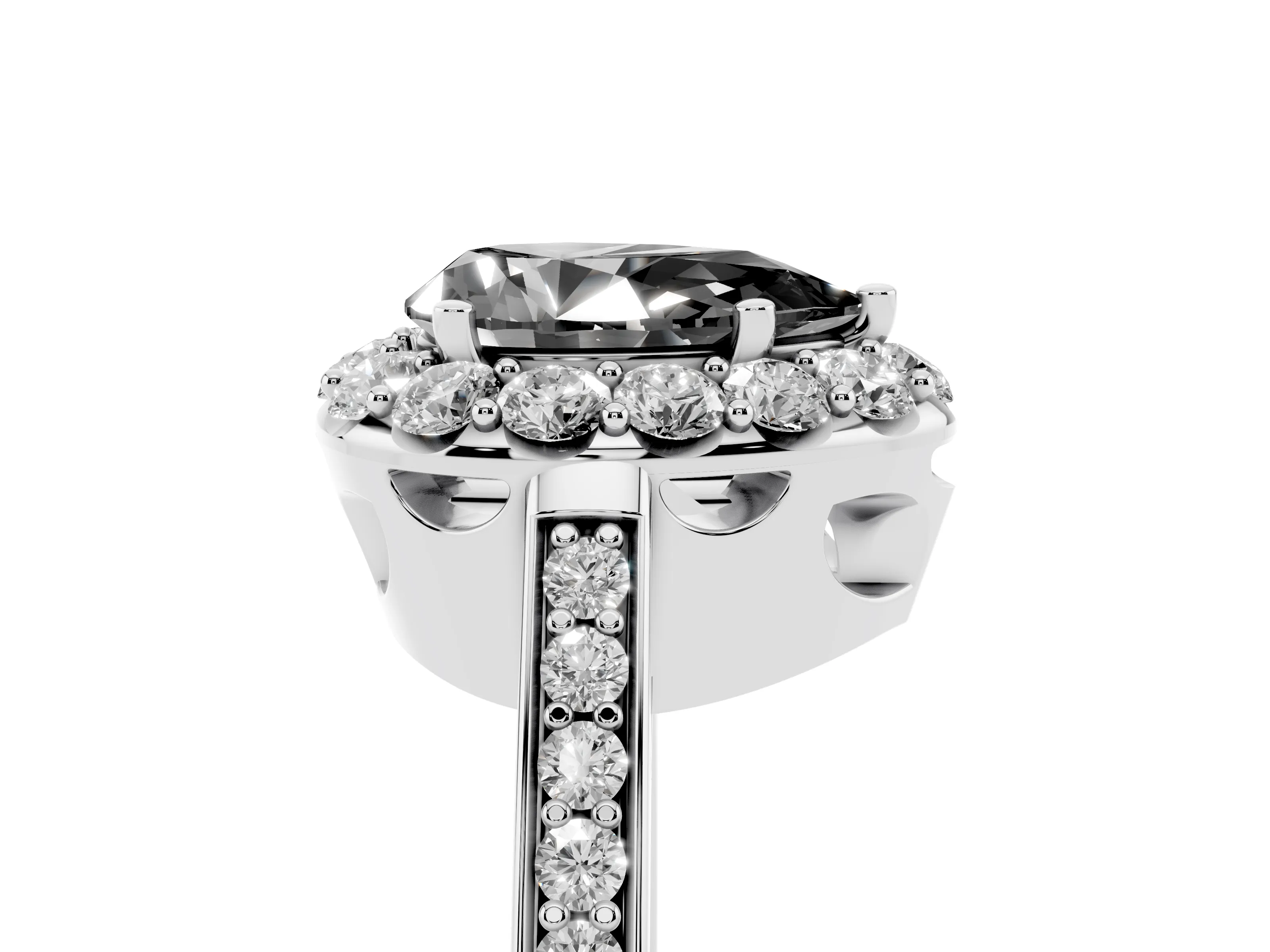 Fancy Black Pear Cut Diamond Floral Halo Ring Set in Silver with Pavé Band and Prong Setting