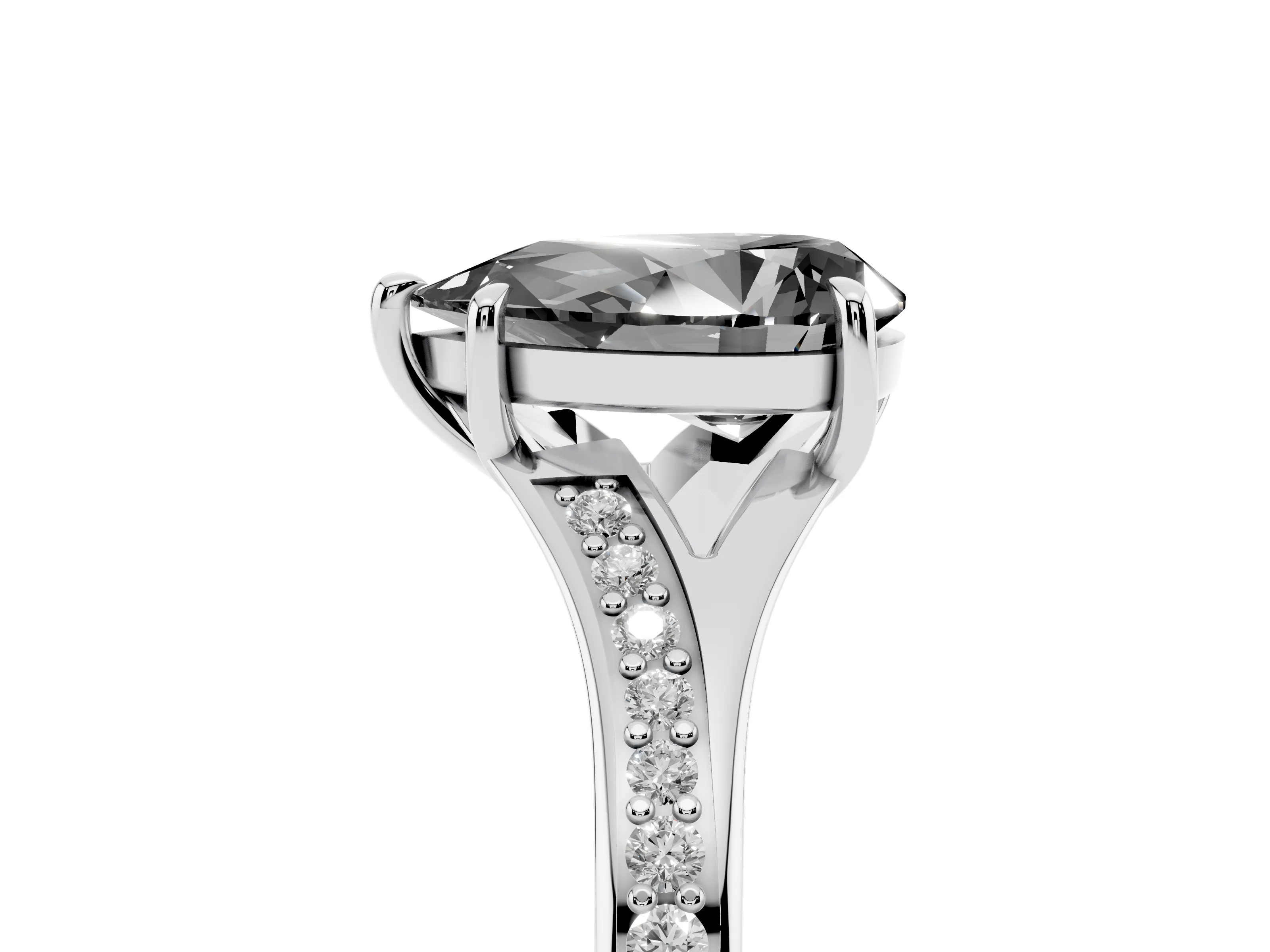 Fancy Black Pear Cut Diamond Solitaire Ring Set in Silver with Pavé Accent Band and Classic Prong Setting