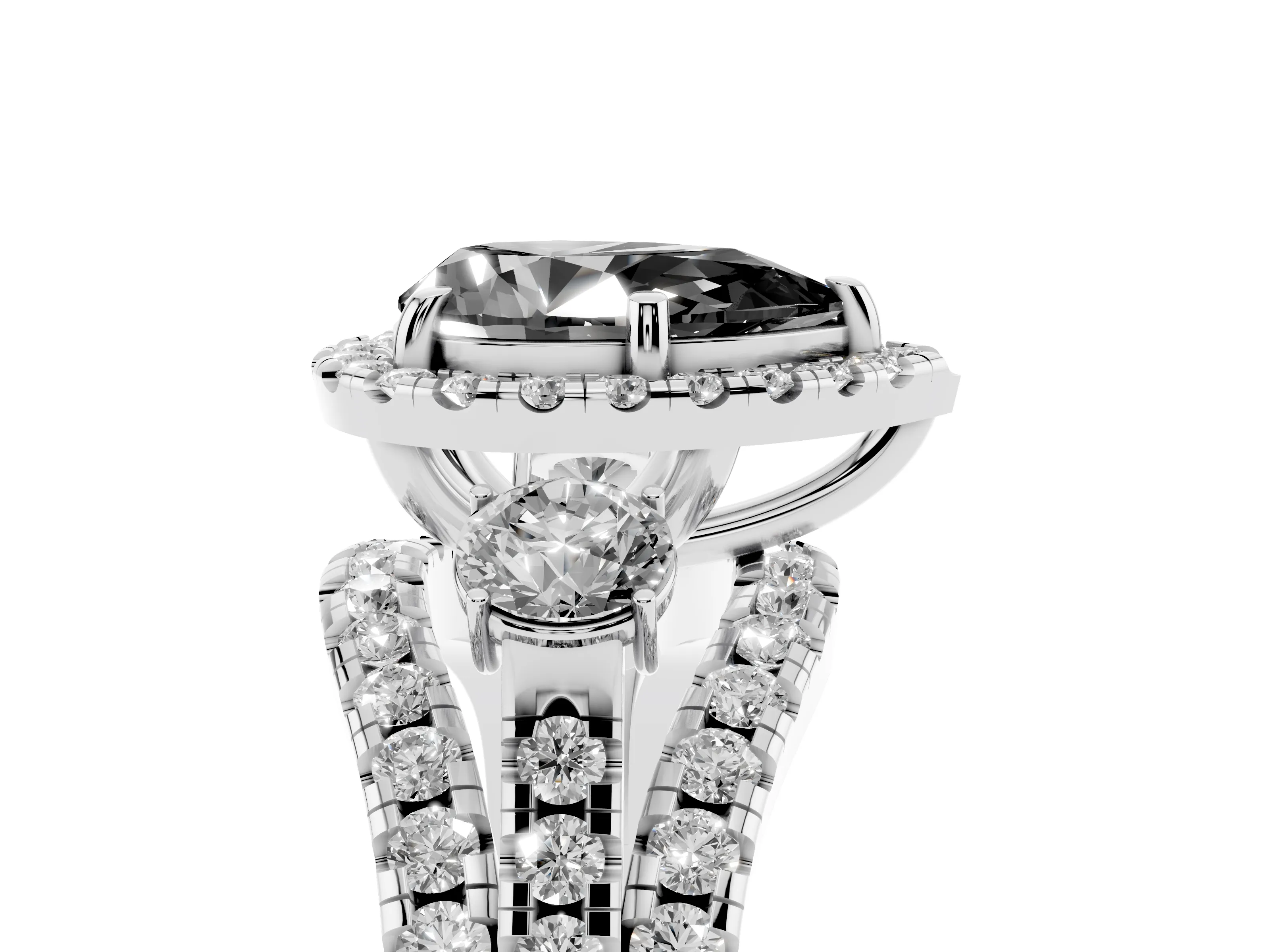 Fancy Black Pear Cut Diamond Halo Split Shank Ring Set in Silver with Round Accent Stones and Prong Setting