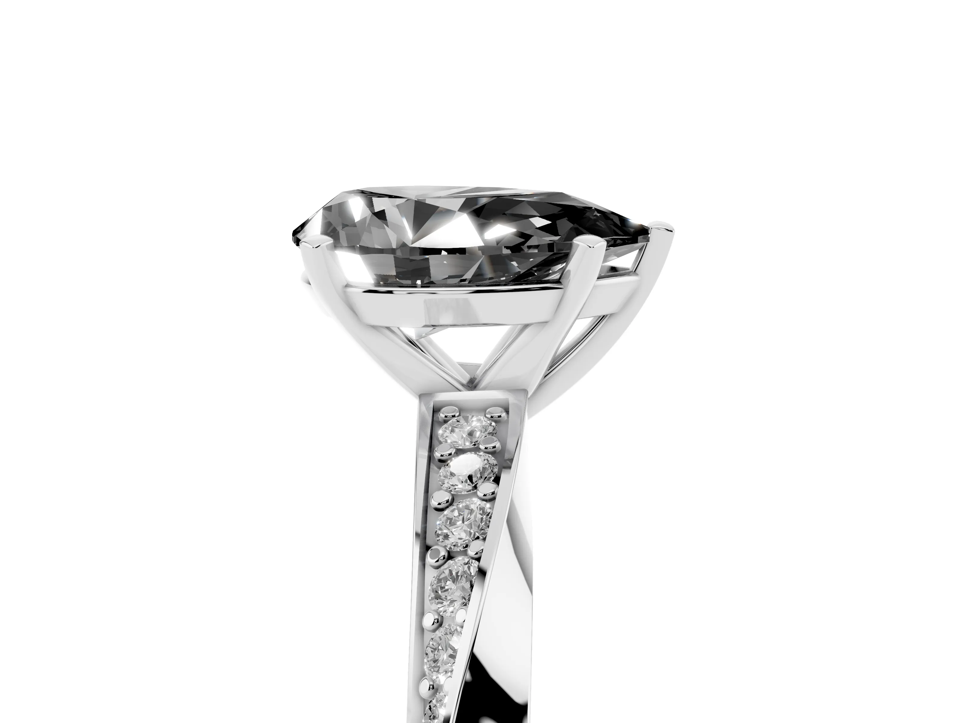 Fancy Black Pear Cut Diamond Engagement Ring Set in Platinum with Side Stone Accents and Prong Setting