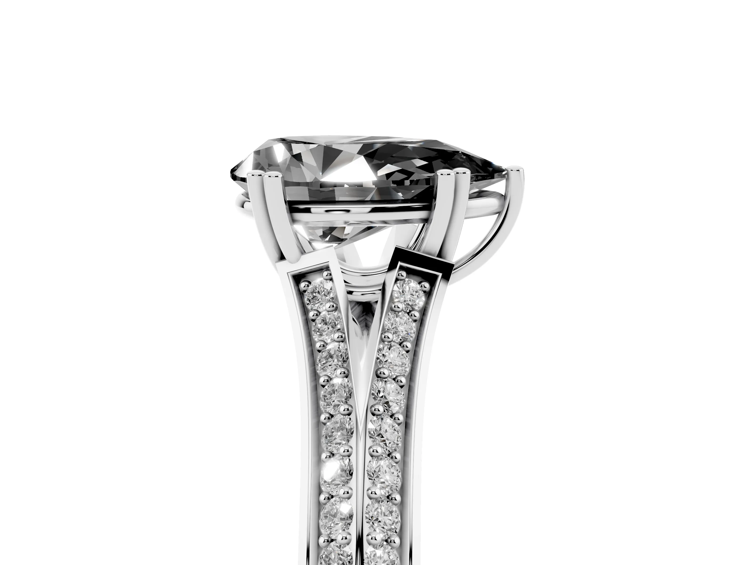 Fancy Black Pear Cut Diamond Split Shank Pavé Engagement Ring Set in Platinum with Prong-Set Center Stone