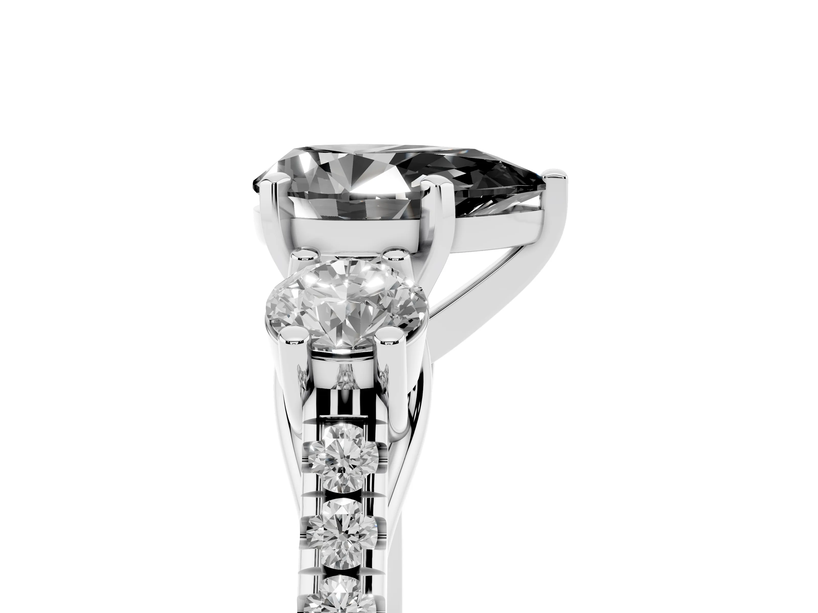 Fancy Black Three-Stone Pear Cut Diamond Pavé Band Ring Set in White gold with Prong-Set Trio