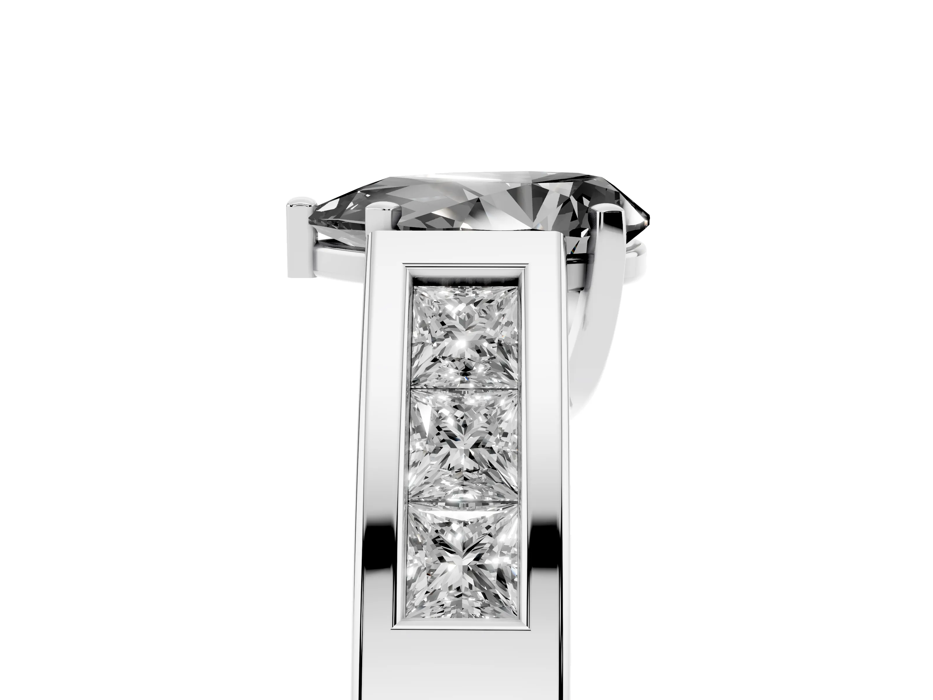 Fancy Black Pear Cut Diamond Solitaire Ring Set in White gold with Channel-Set Accent Stones and Prong Setting