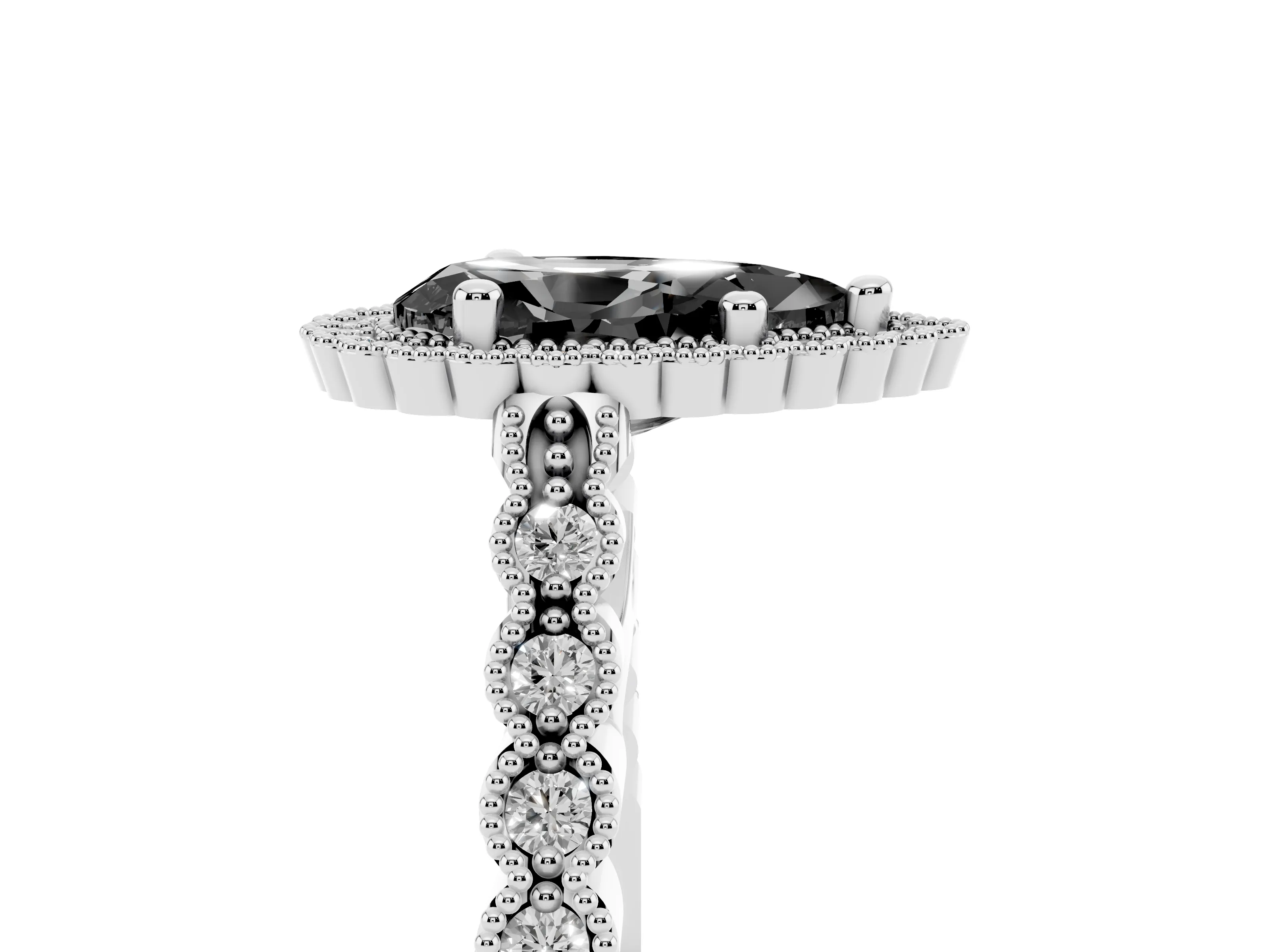 Fancy Black Pear Cut Diamond Halo Ring Set in Platinum with Pavé Milgrain Band