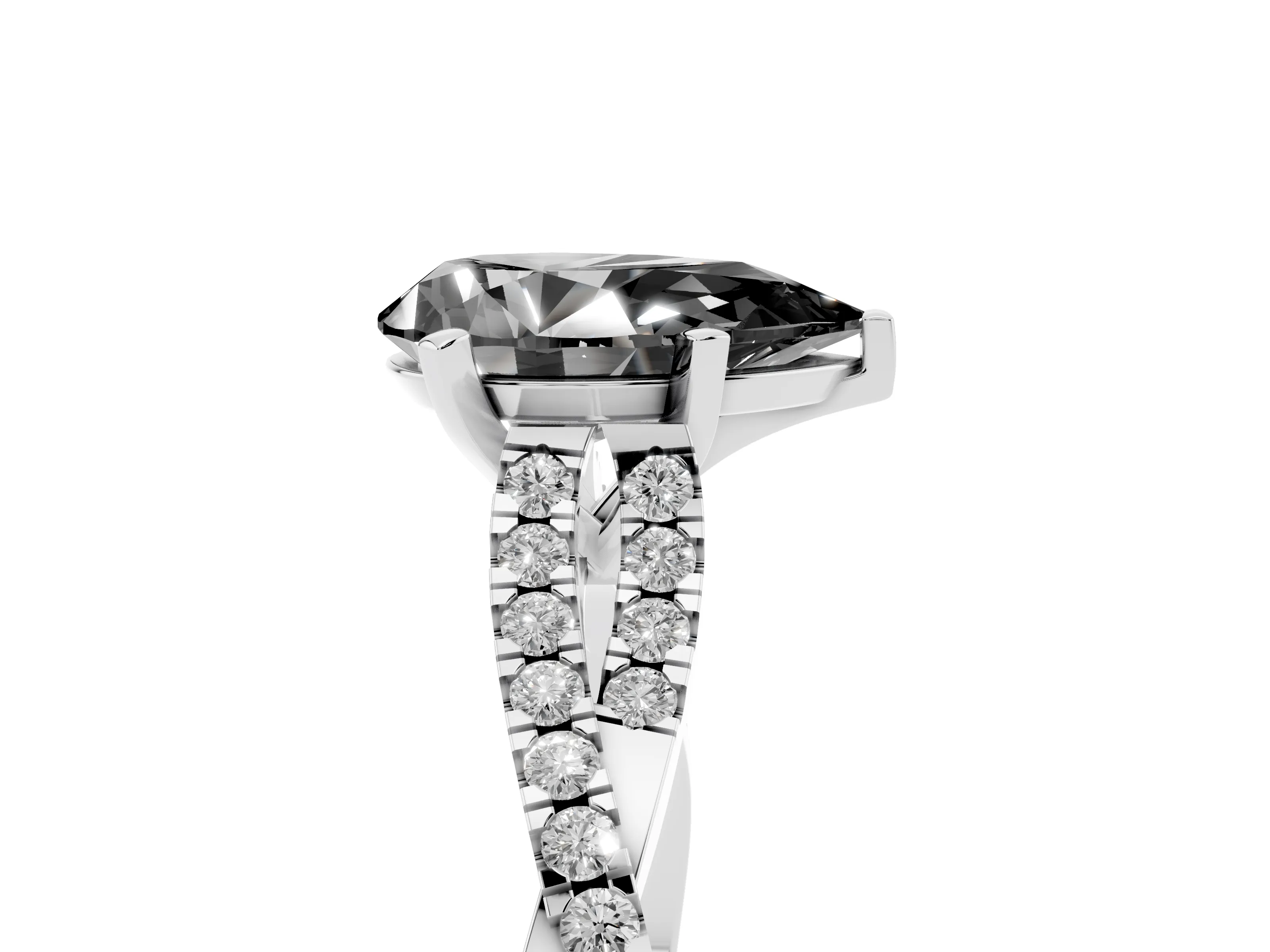 Fancy Black Pear Cut Diamond Solitaire Engagement Ring Set in White gold with Twisted Pavé Band and Prong Setting