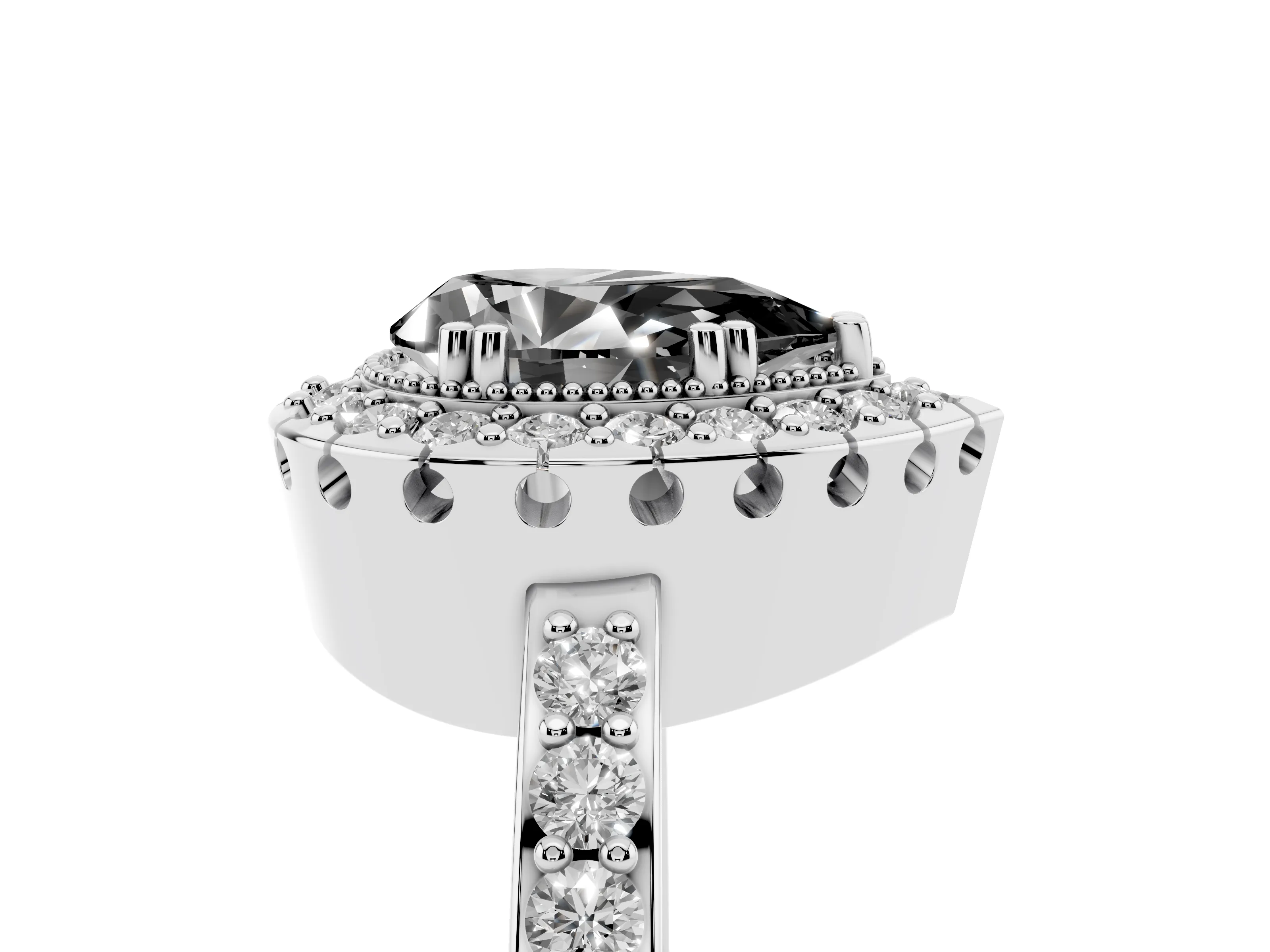 Fancy Black Pear Cut Diamond Halo Ring Set in White gold with Pavé Shank and Prong Setting