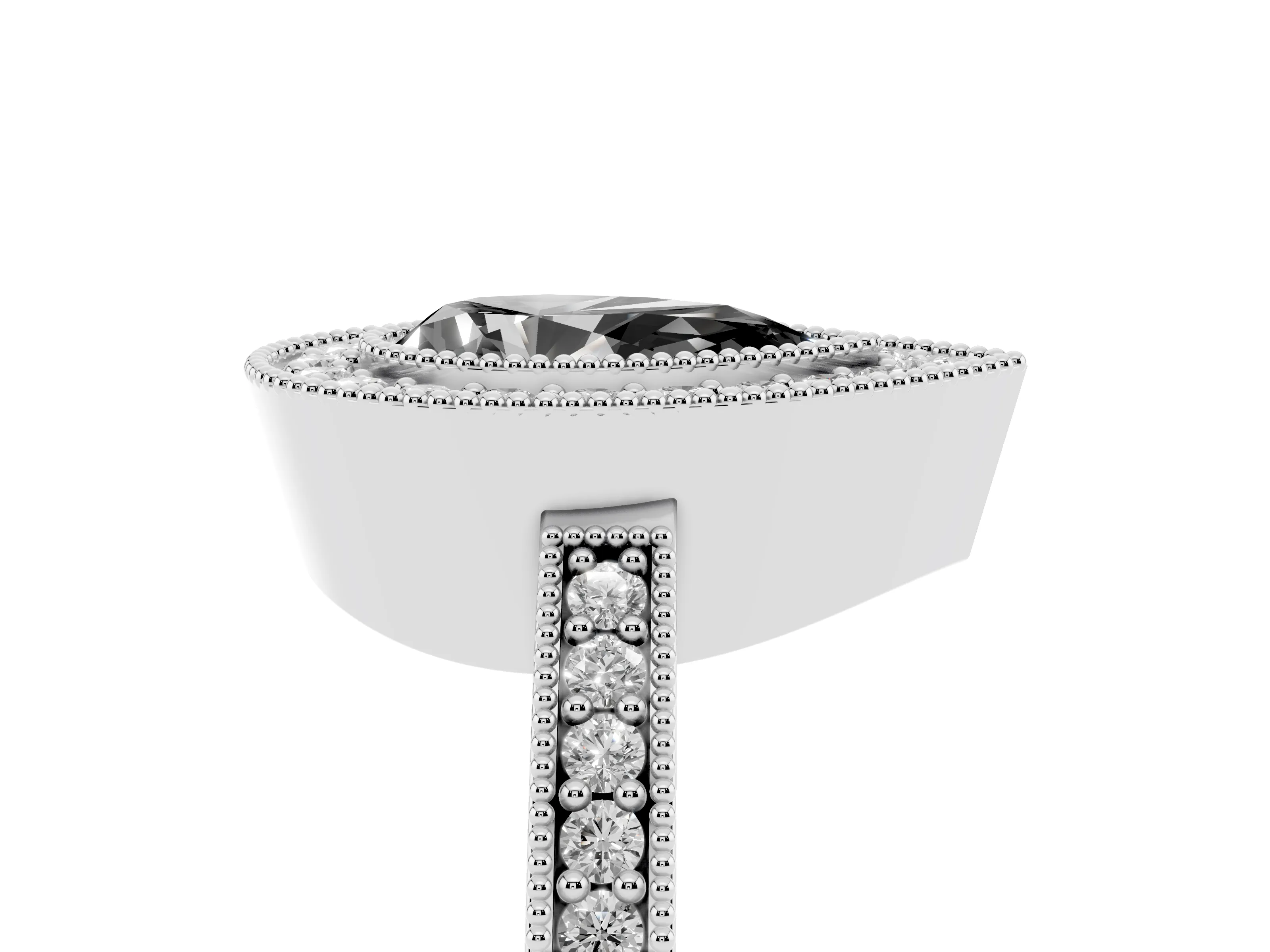 Fancy Black Pear Cut Diamond Halo Engagement Ring Set in Platinum with Pavé Band and Round Halo Stones