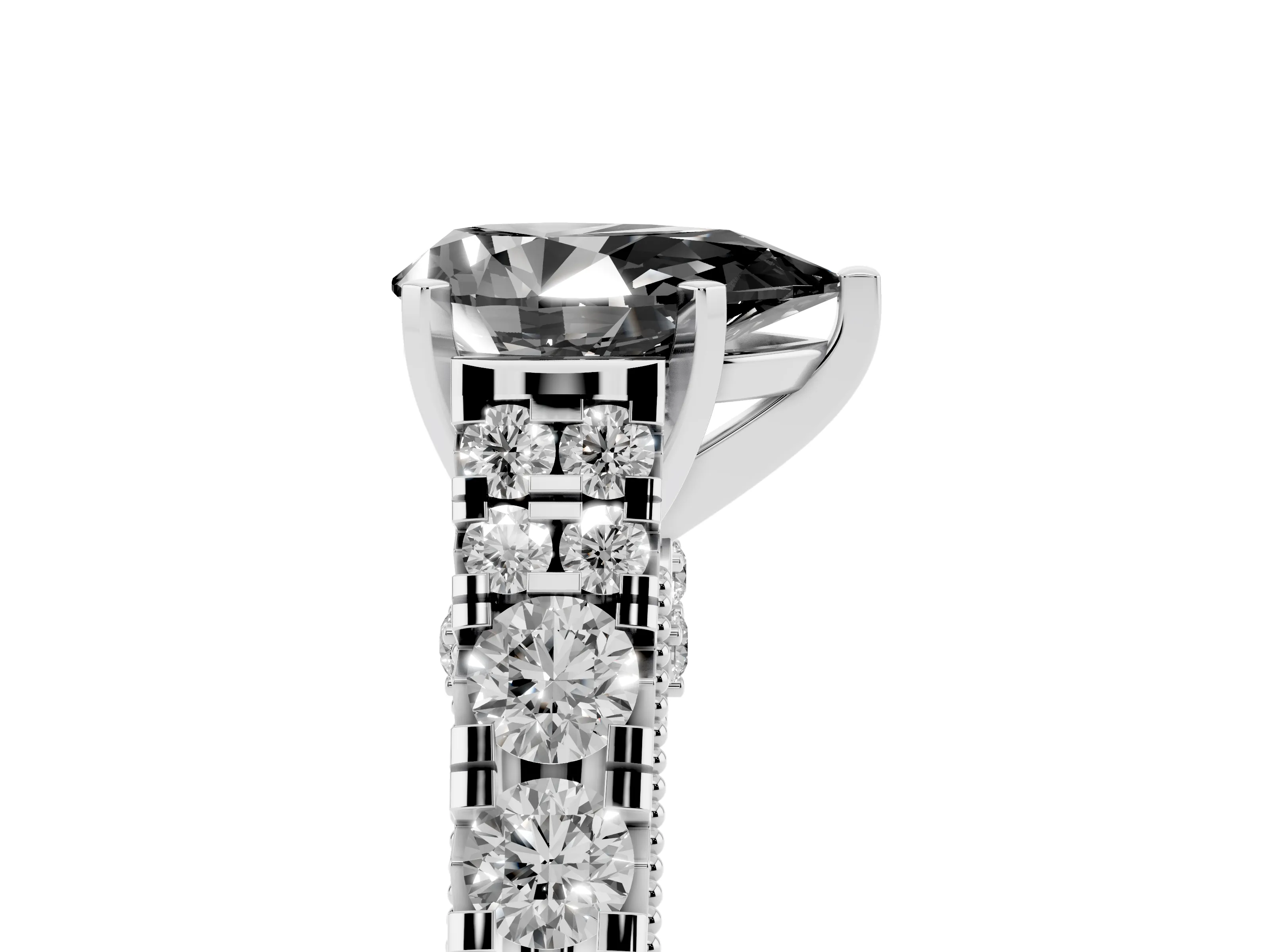 Fancy Black Pear Cut Diamond Classic Solitaire Ring Set in Platinum with Pavé Band and Prong Setting