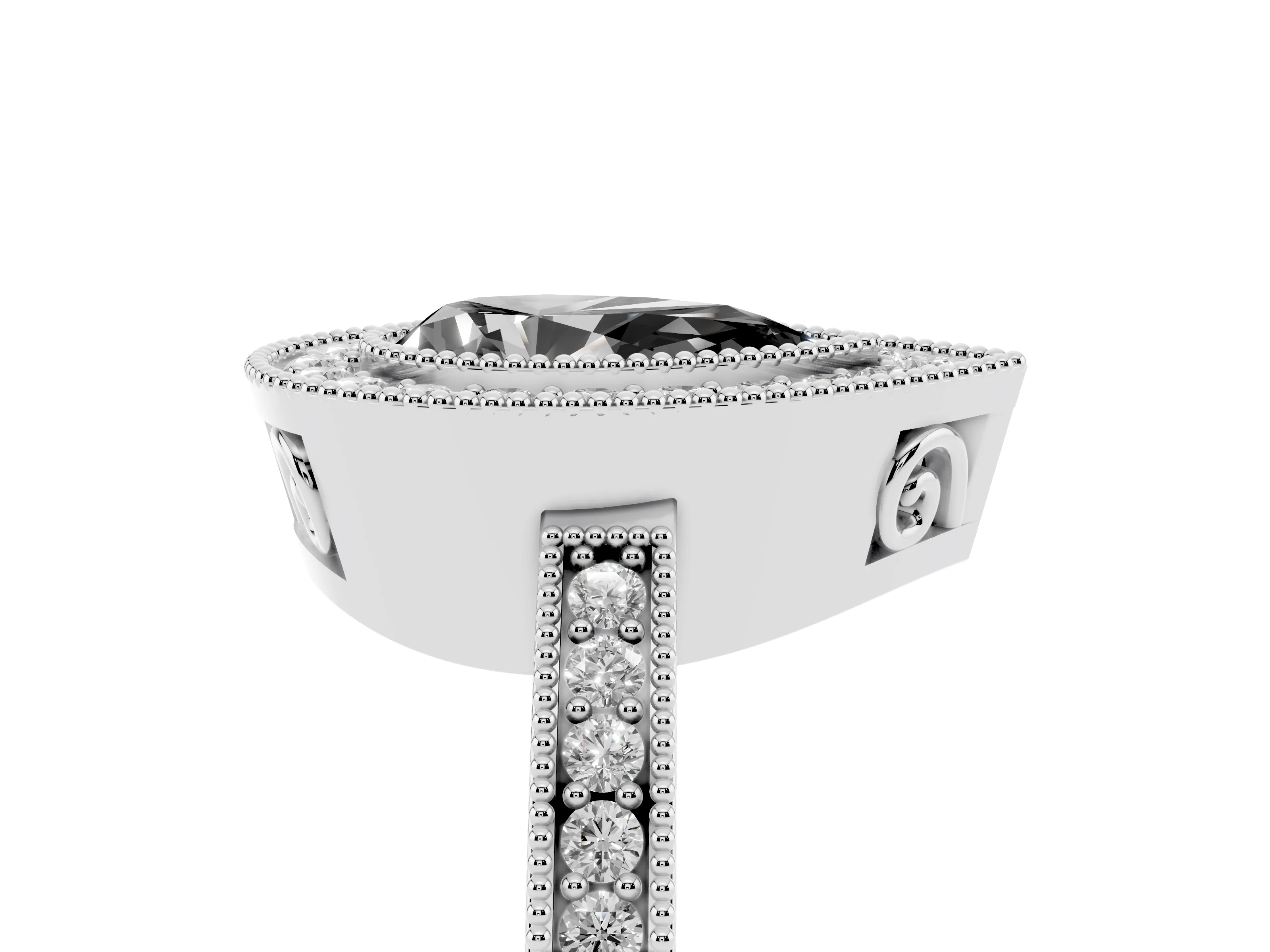 Fancy Black Pear Cut Diamond Round Halo Ring Set in White gold with Pavé Band